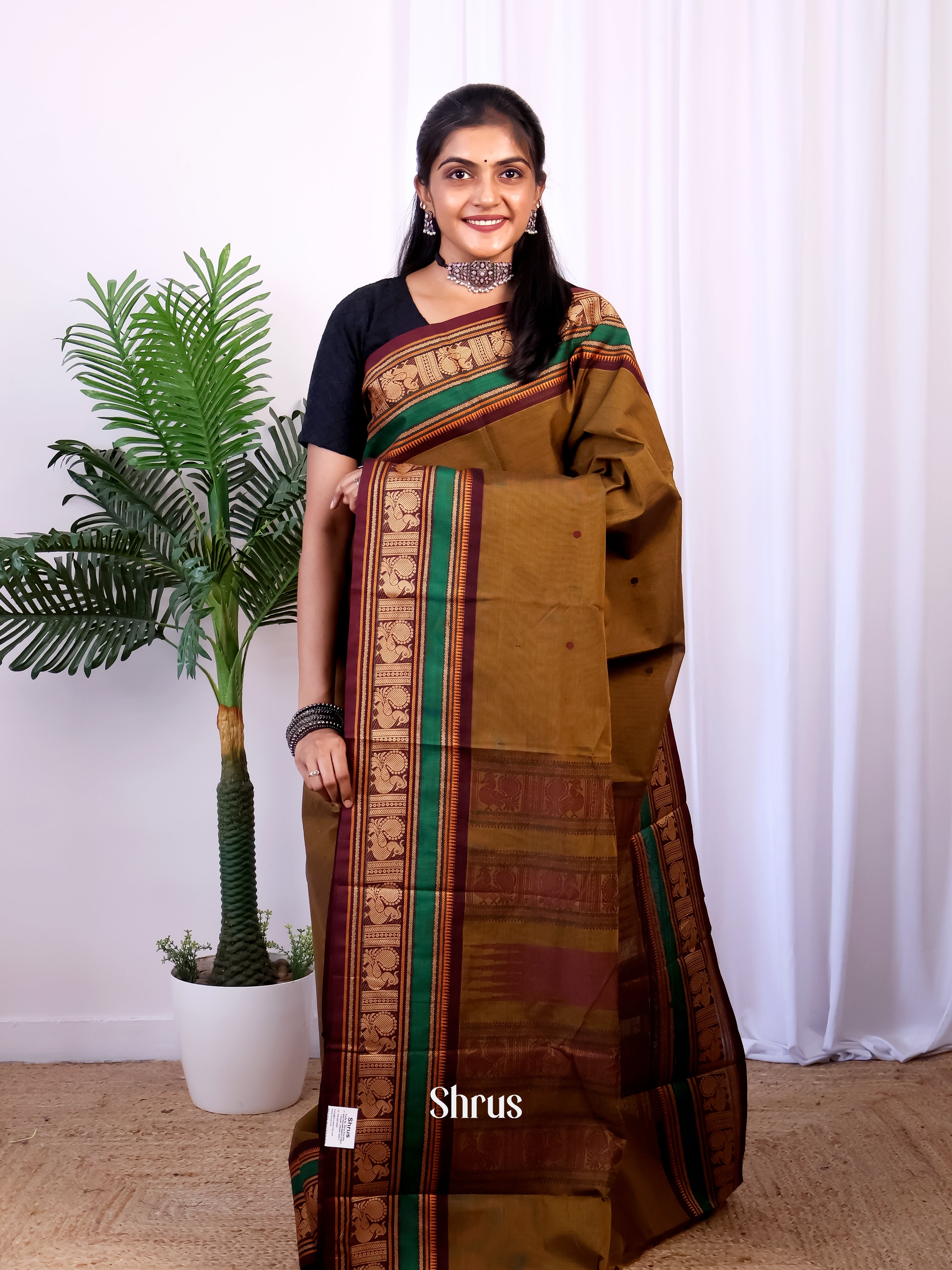 Mehandi & Brown - Chettinad Cotton Saree