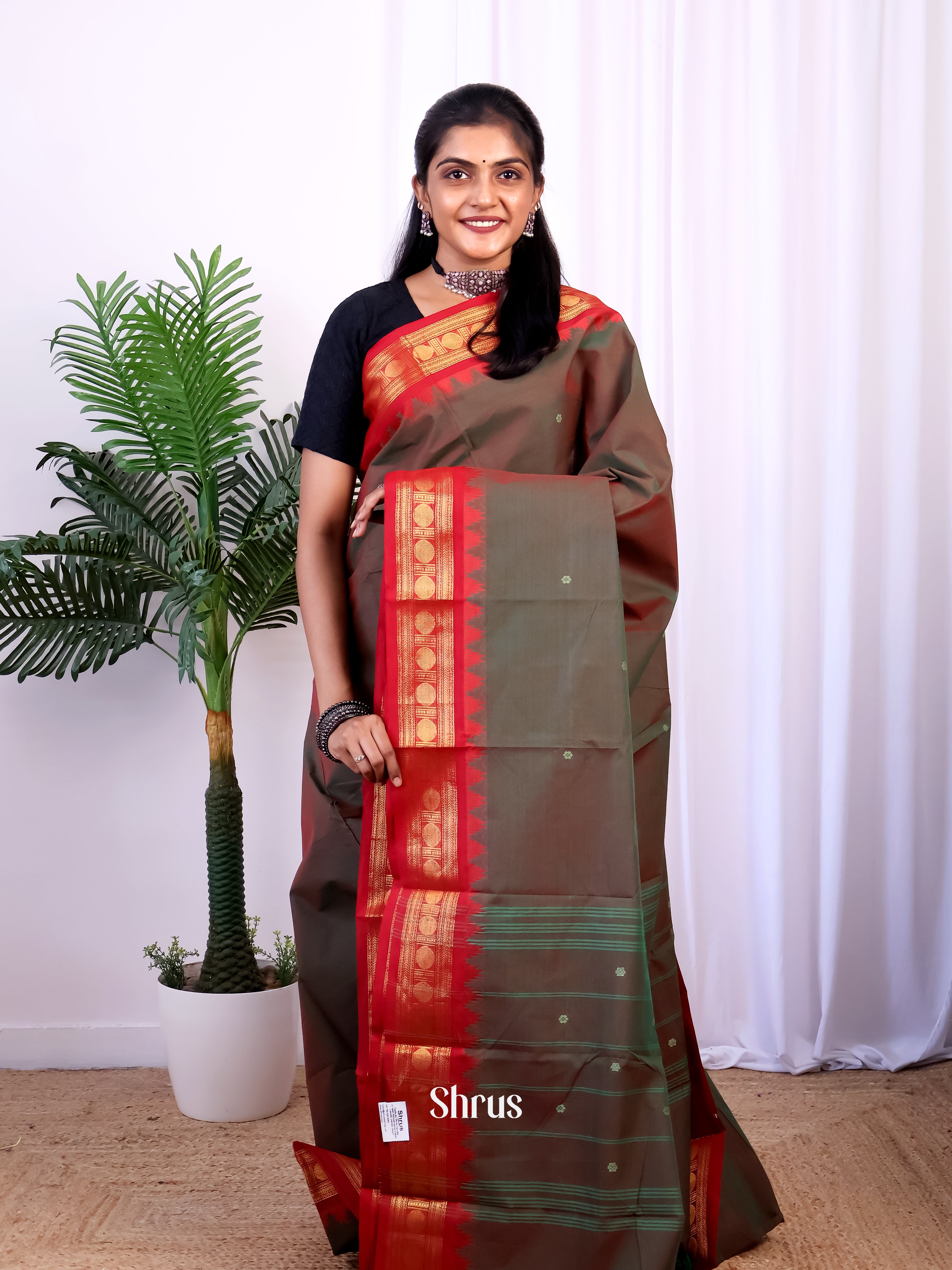 Double Shaded Grey & Red - Chettinad Cotton Saree