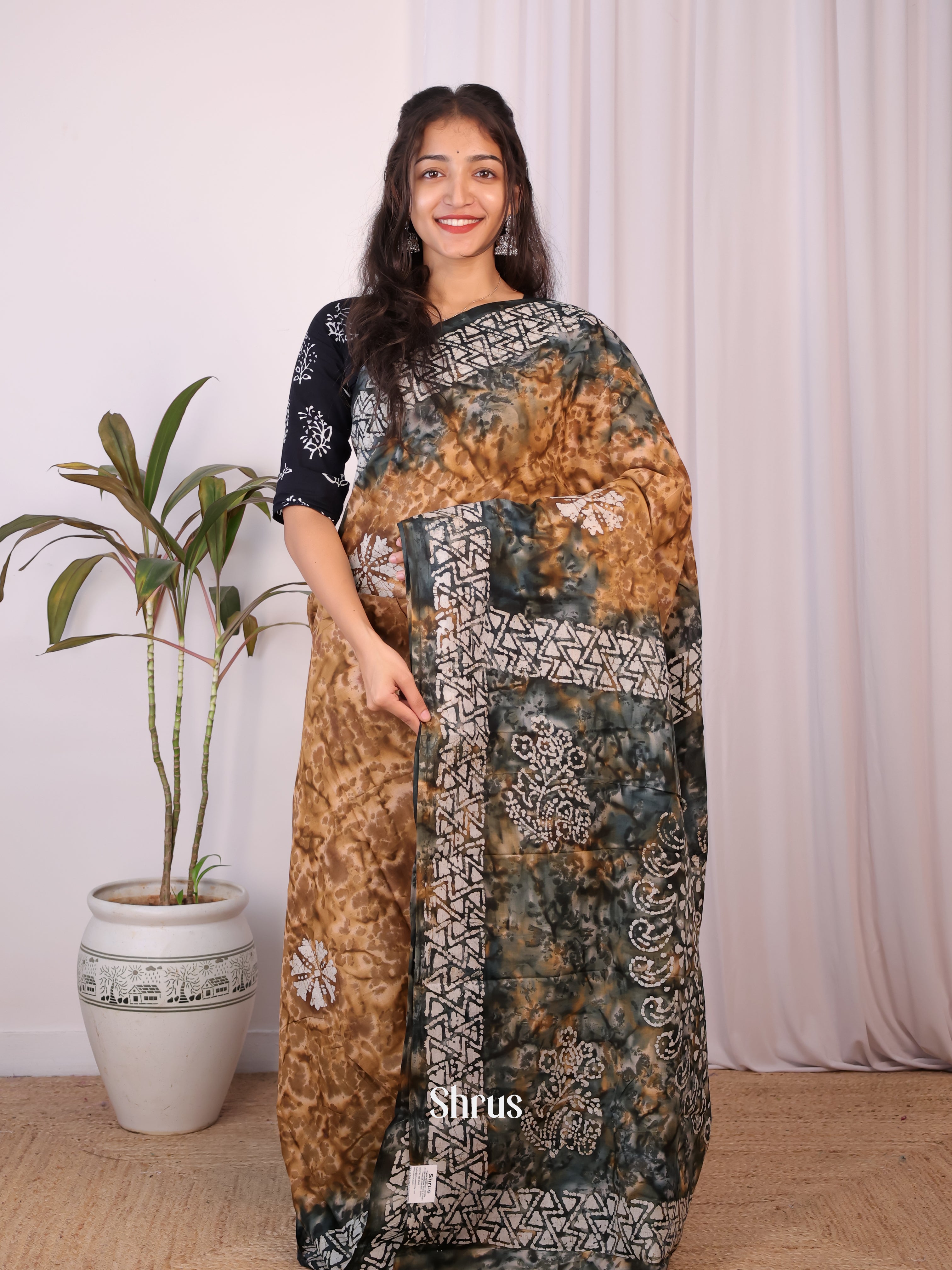 Brown & Grey - Cotton Saree