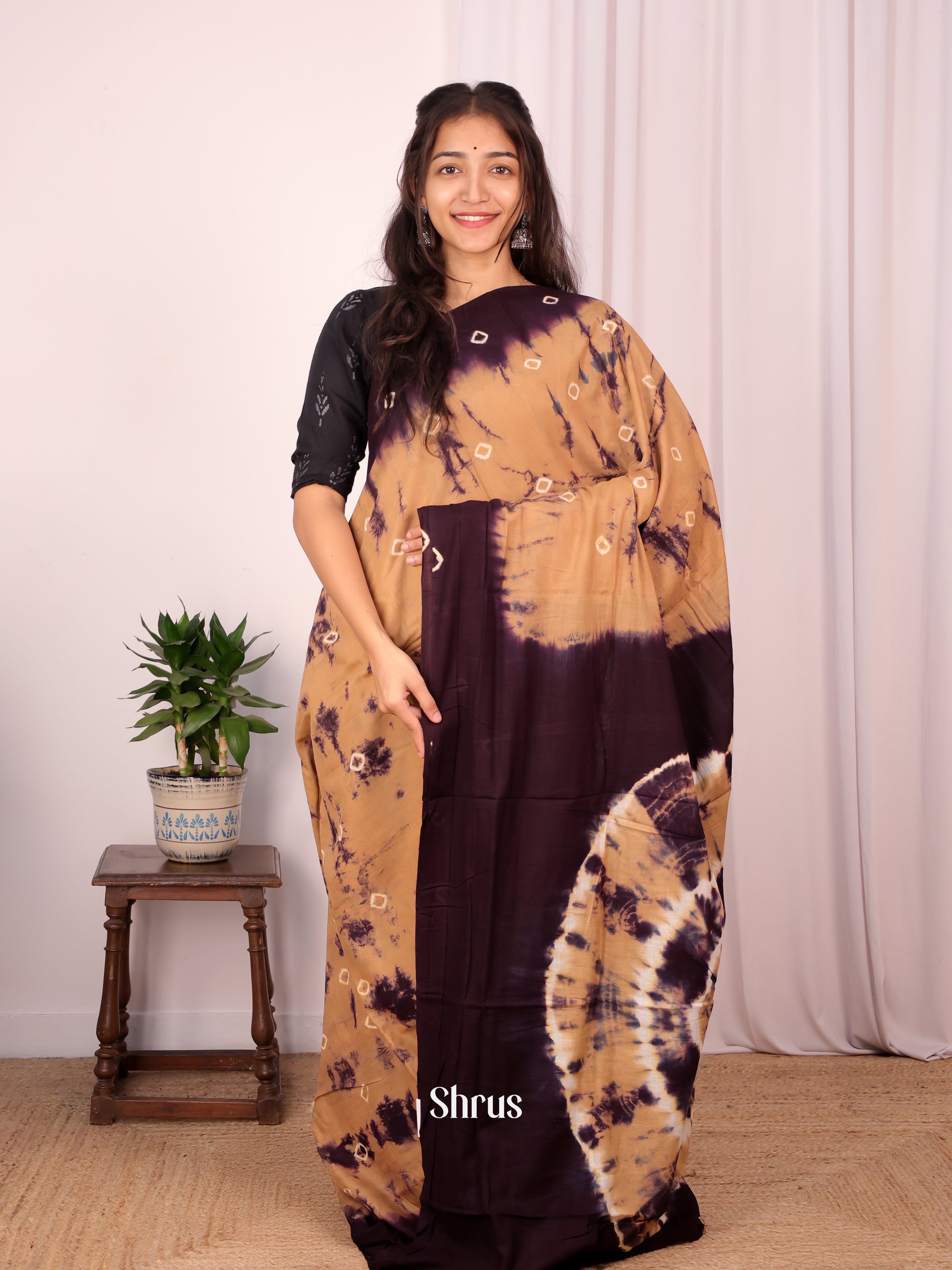 Biscuit & Dark Purple- Cotton Saree