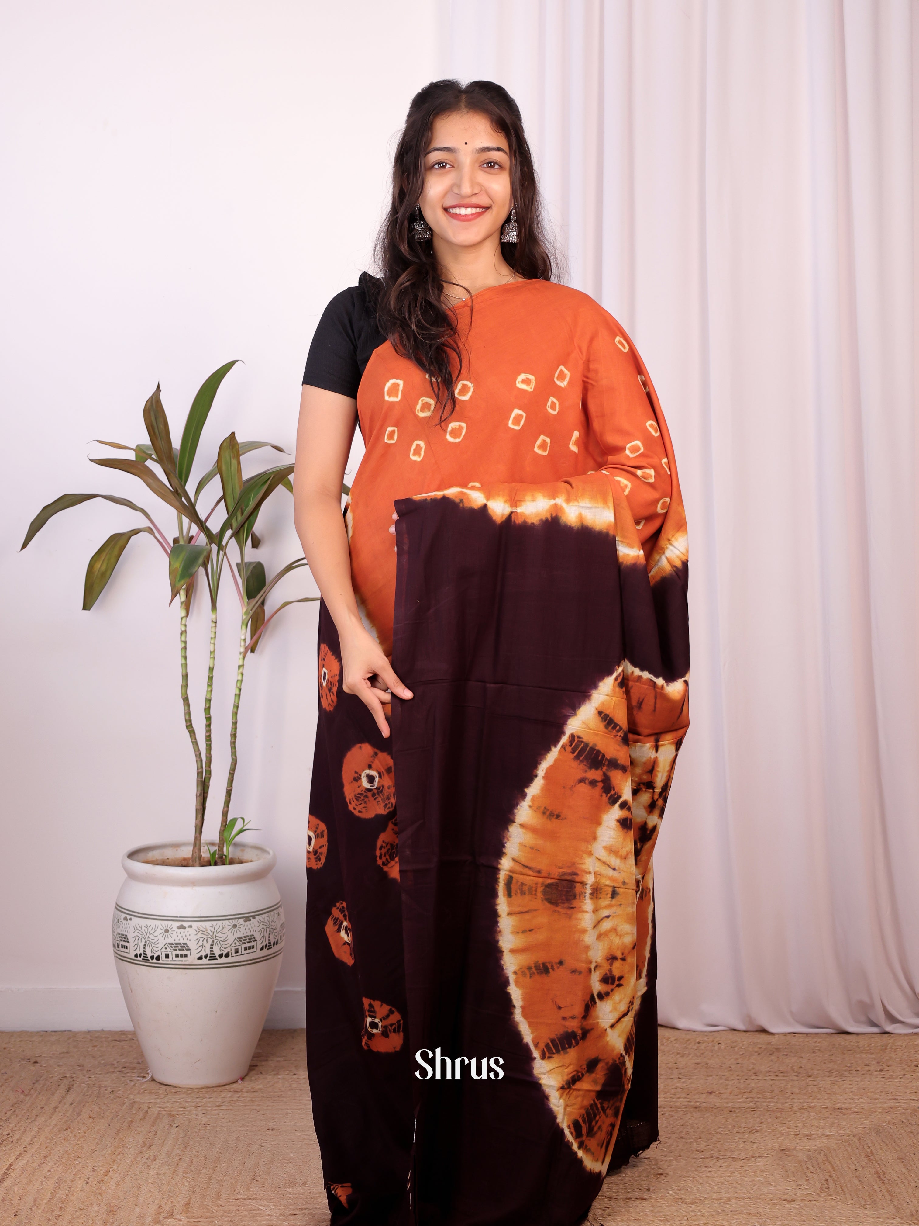 Brown & Orange - Cotton Saree