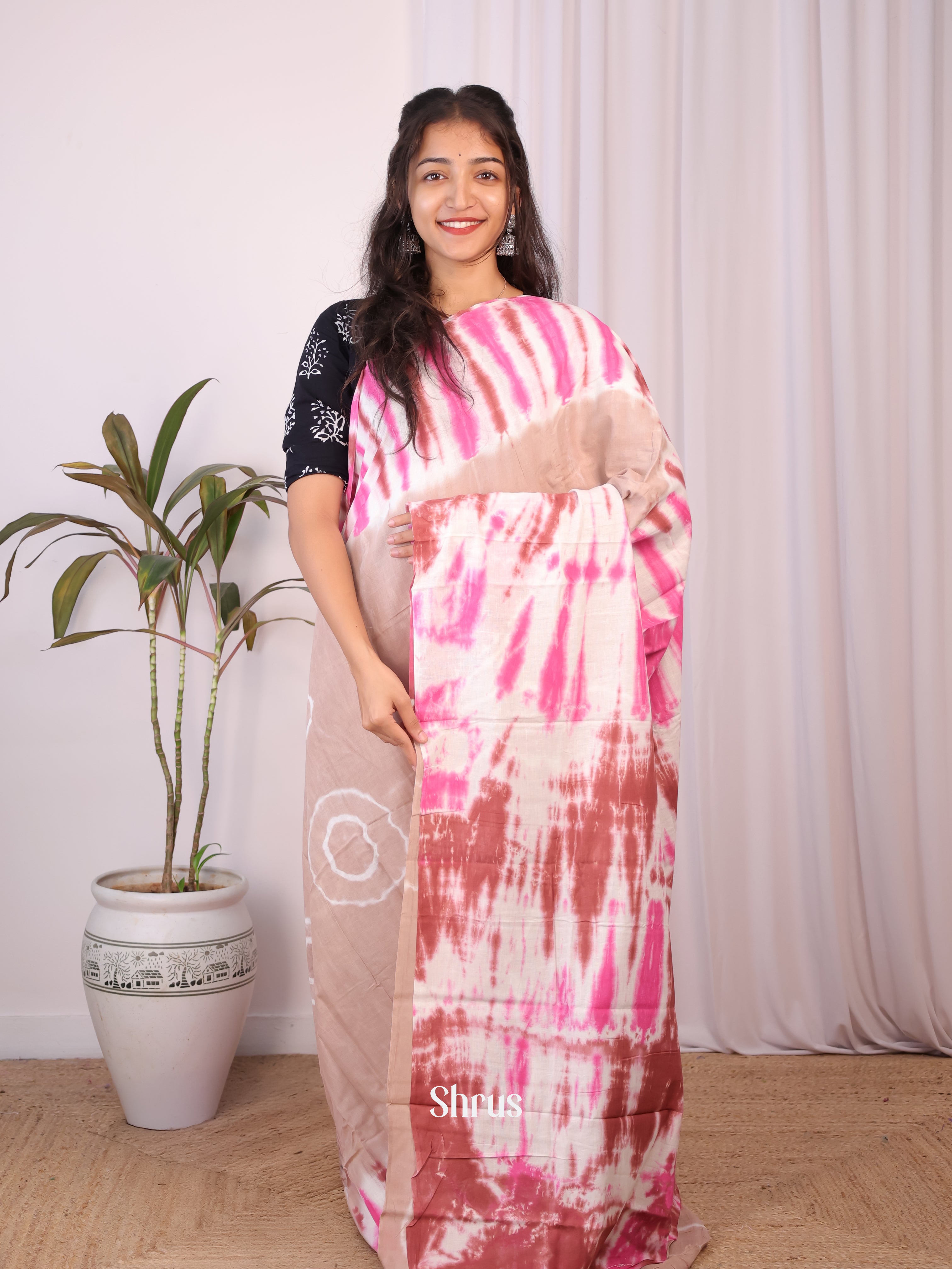 Brown & Pink - Cotton Saree