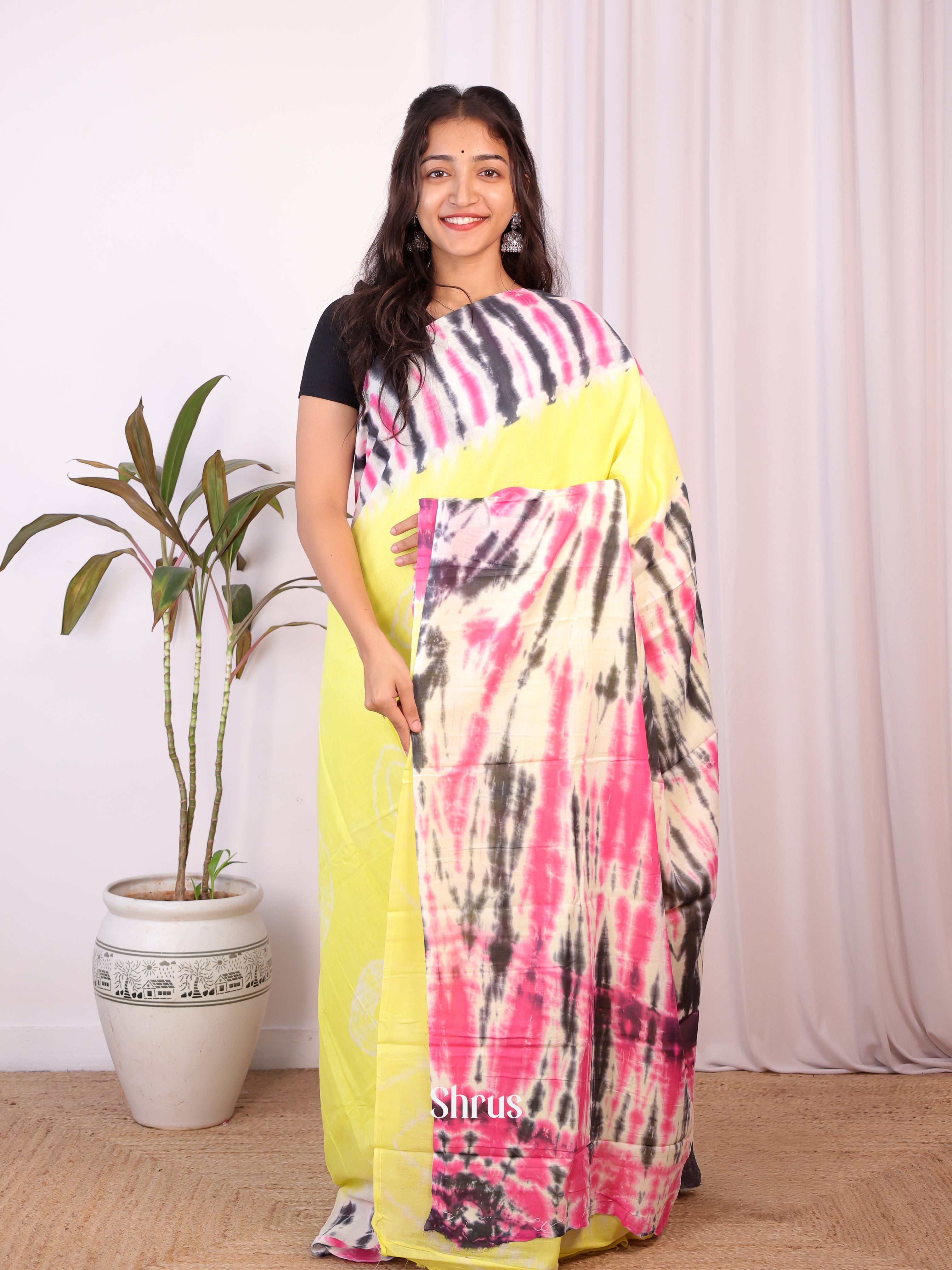 Yellow & Pink - Cotton Saree