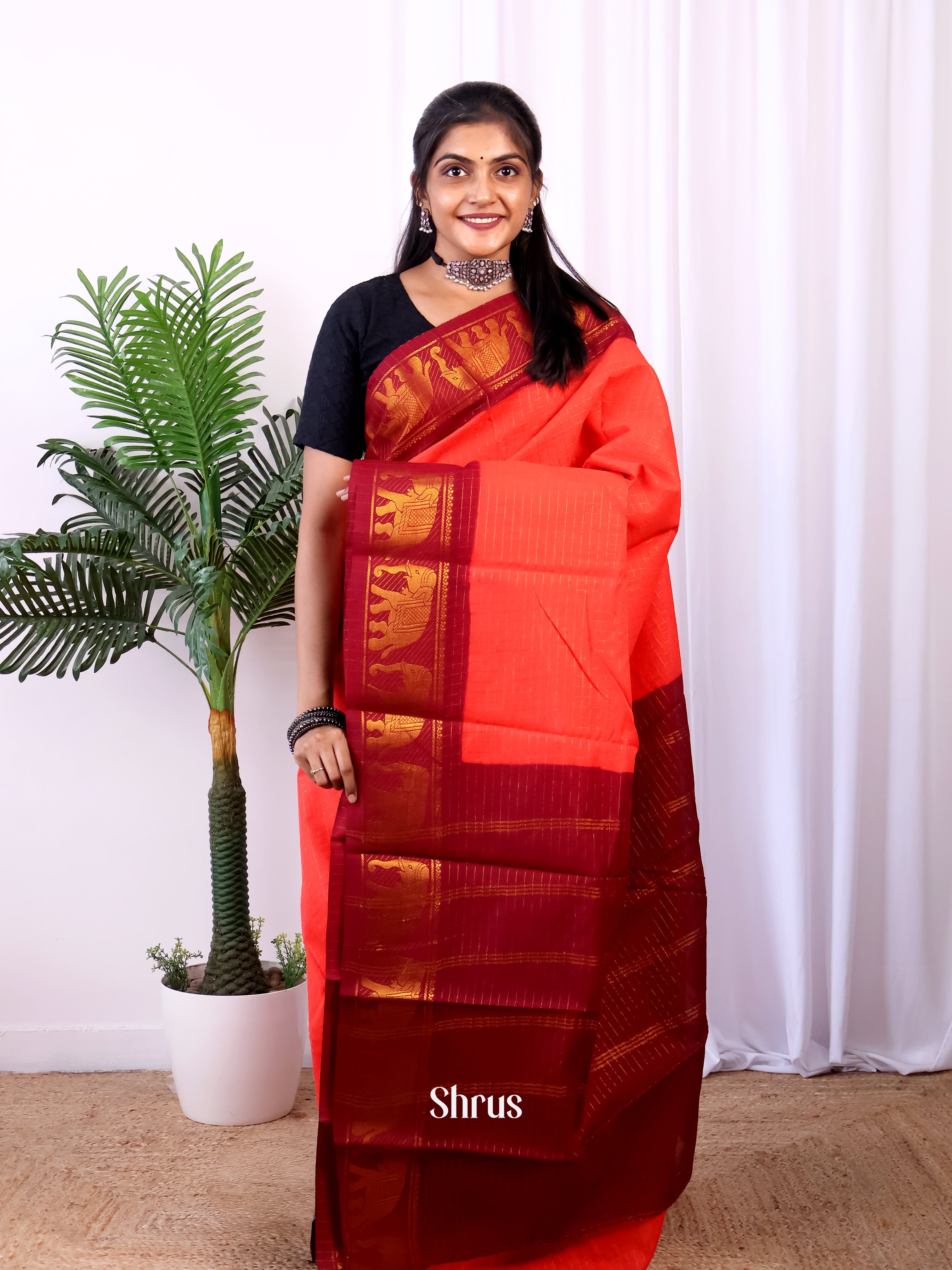 Orangish Red & Maroon - Sungudi Cotton Saree