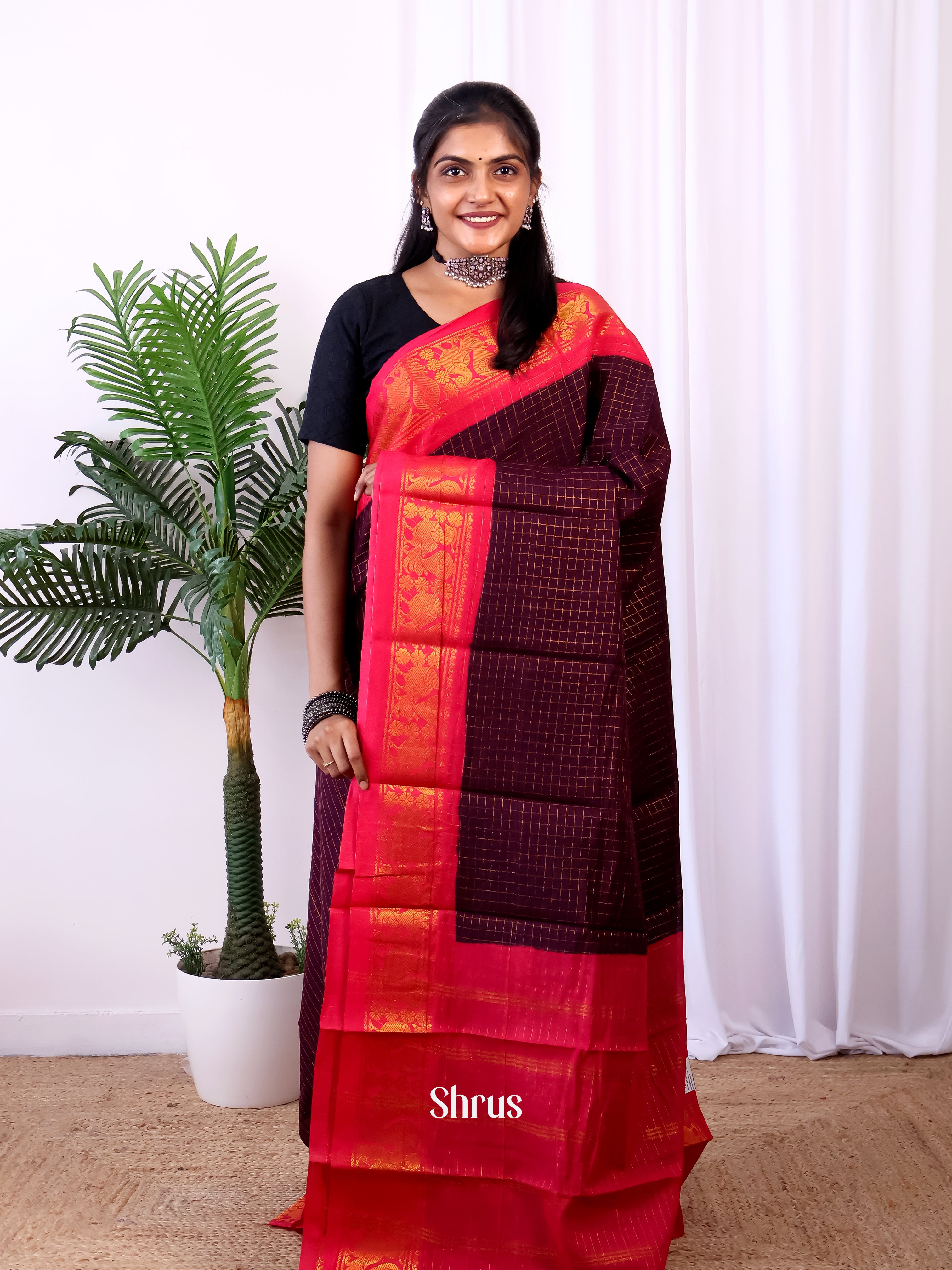 Brown & Red - Sungudi Cotton Saree