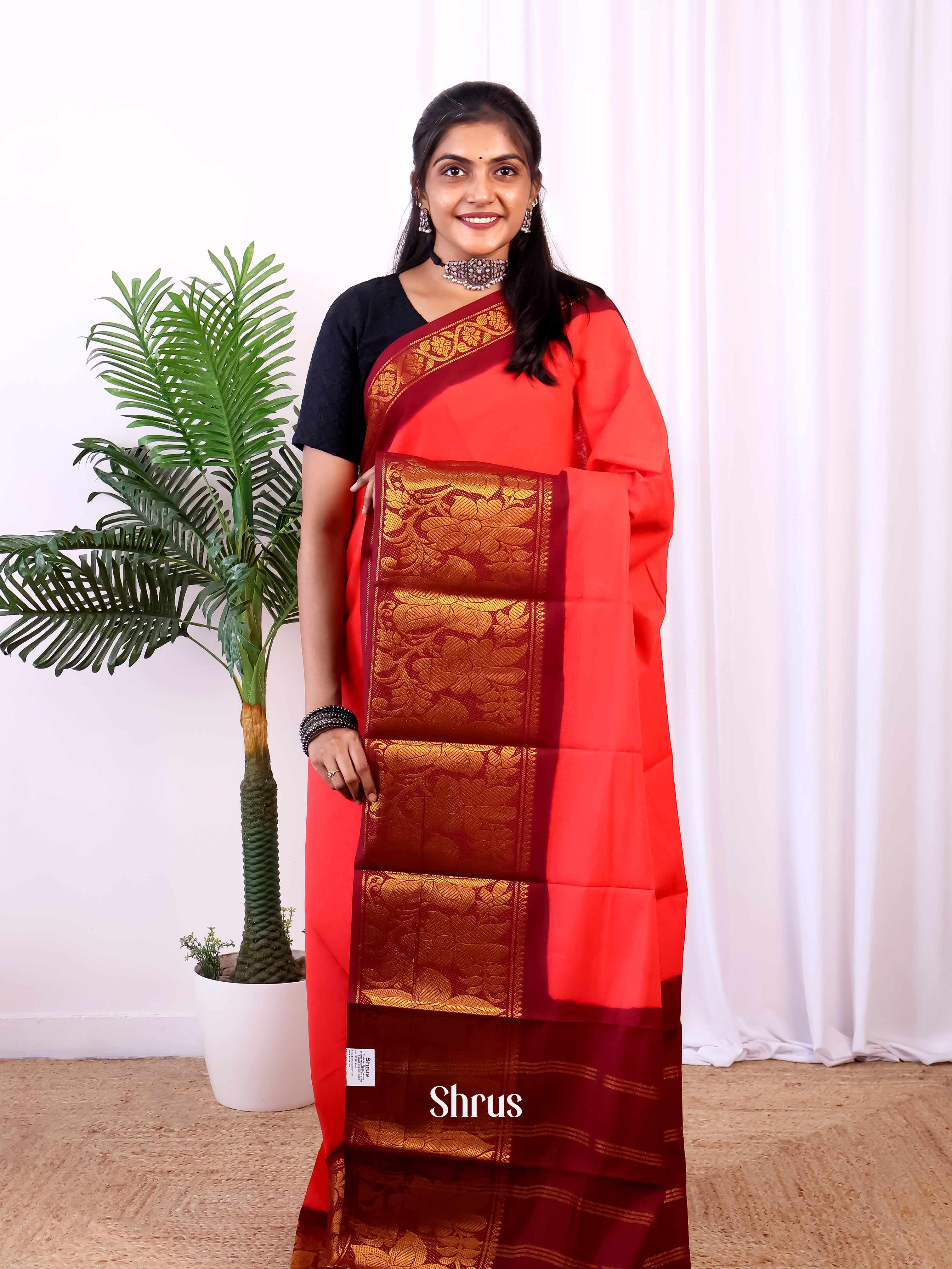 Red  & Brown - Sungudi Cotton Saree