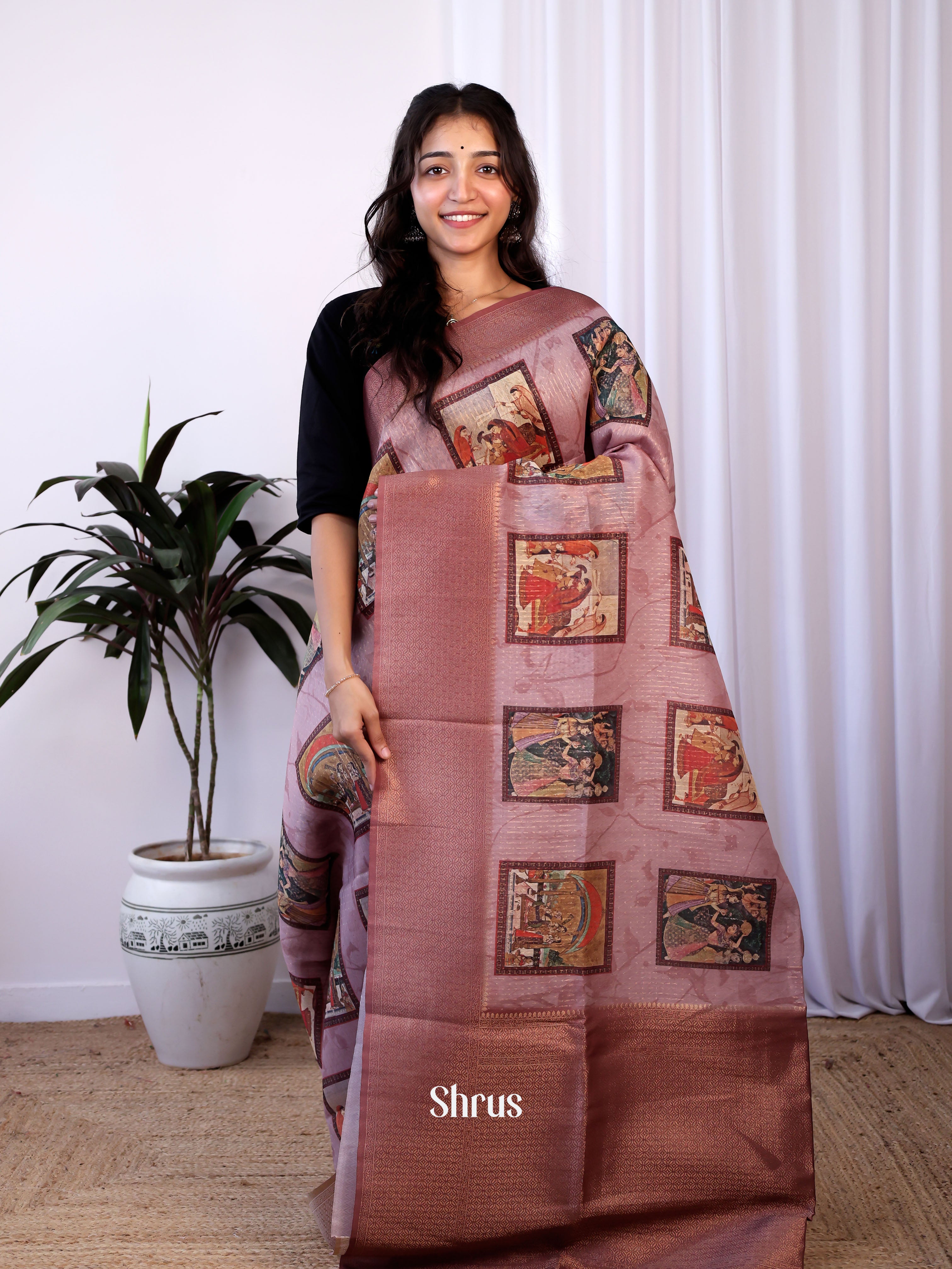 Purple & Brown- Semi Jute Saree