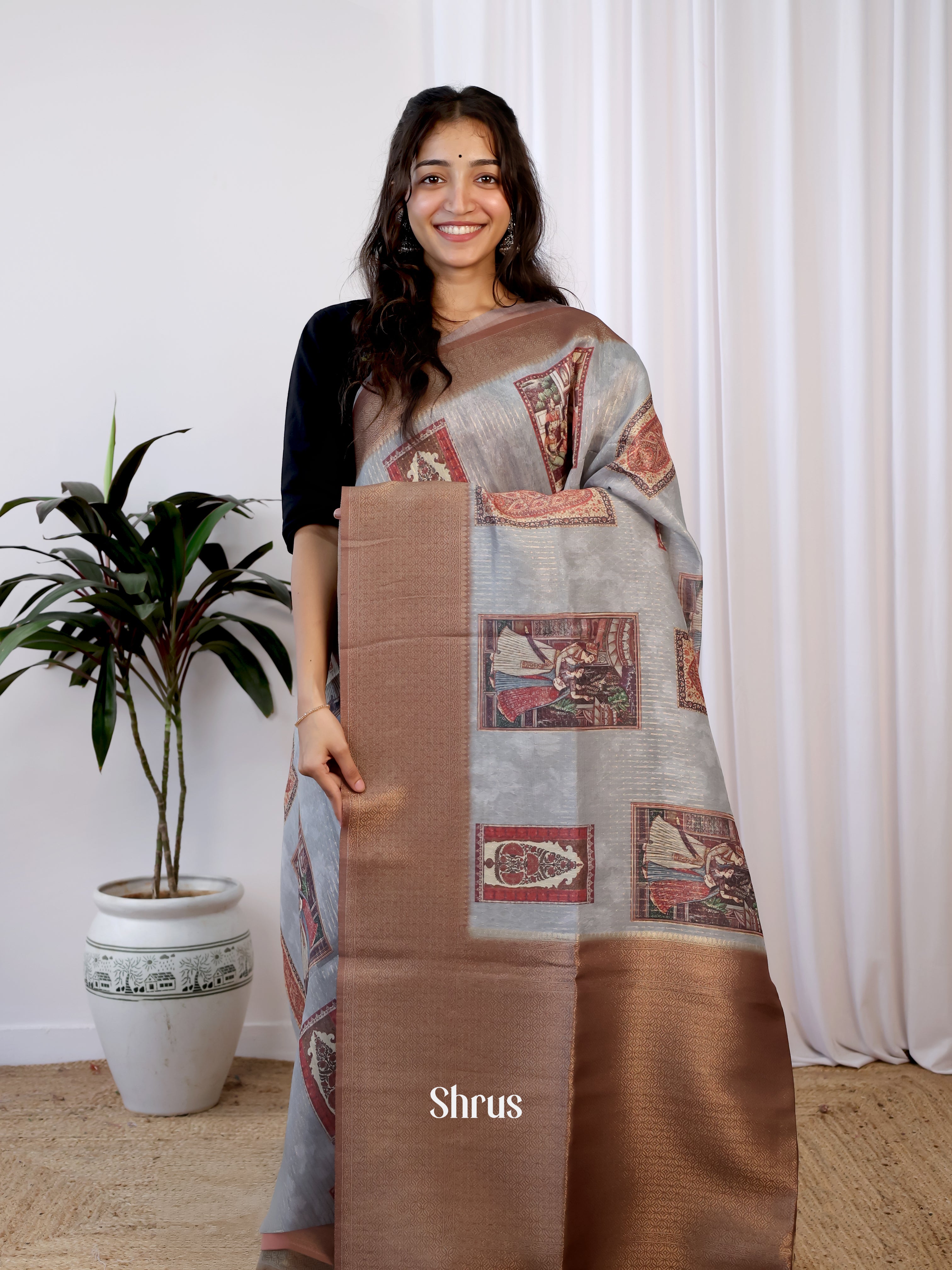 Grey & Brown - Semi Jute  Saree