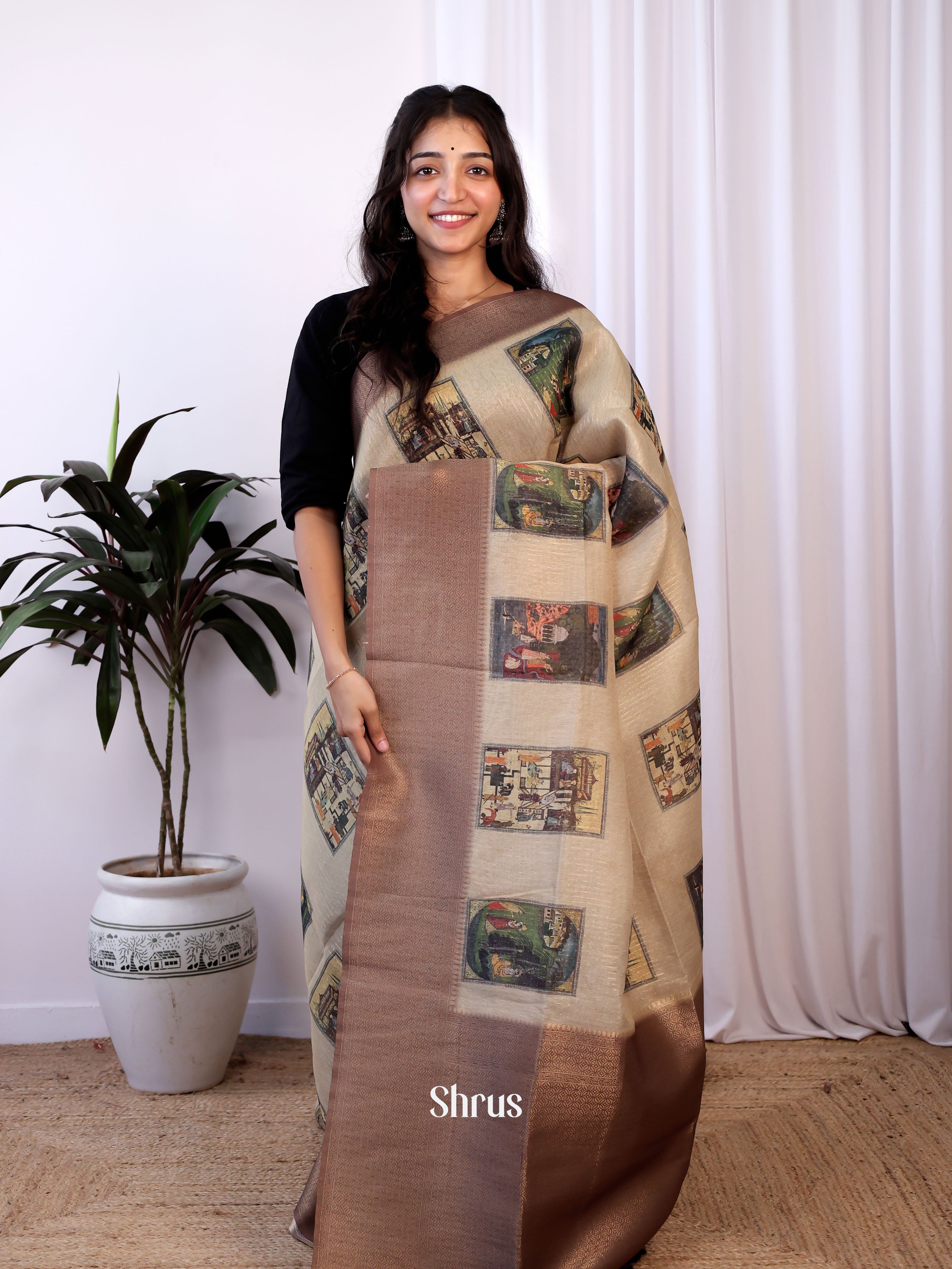 Cream & Brown - Semi Jute Saree