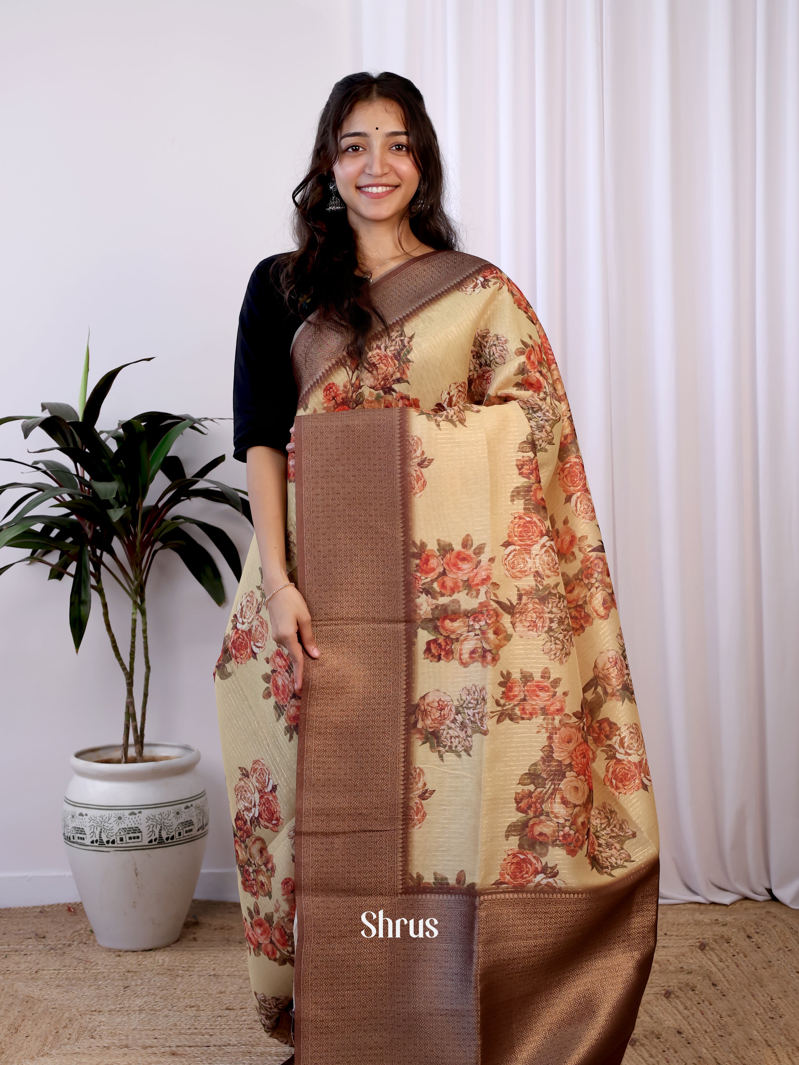 Cream & Brown- Semi Jute Saree