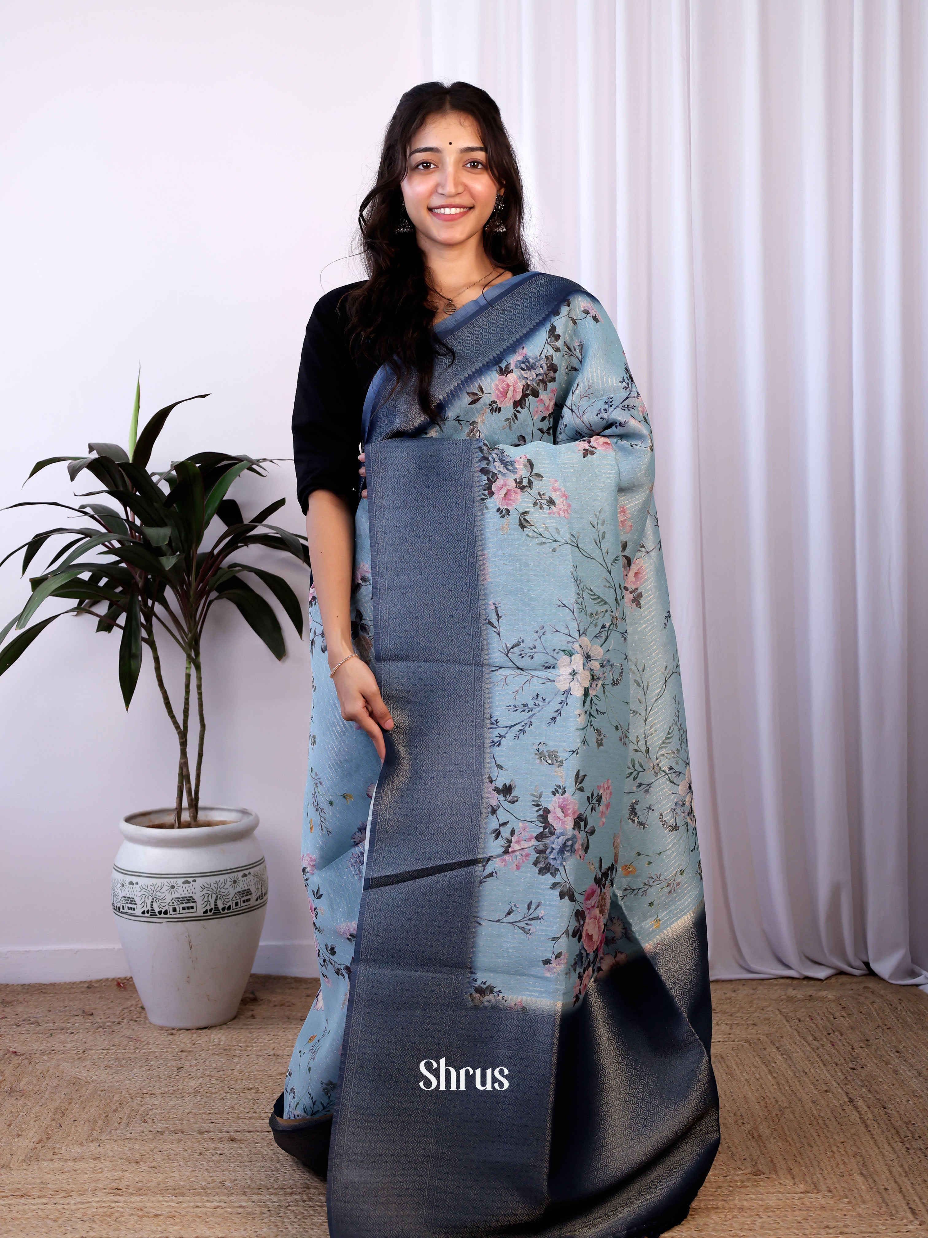 Lite Blue & Blue - semi Jute Saree