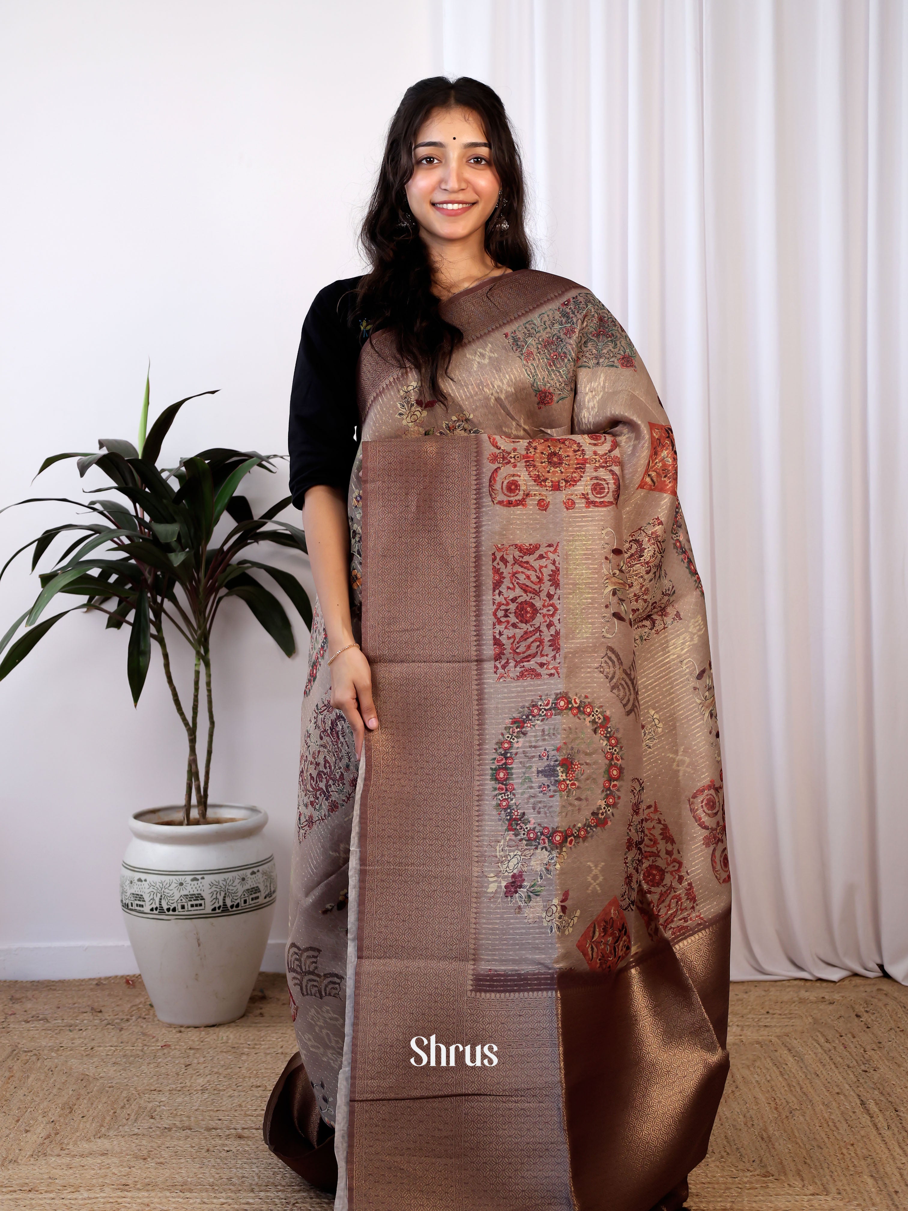 Brown - Semi Jute Saree