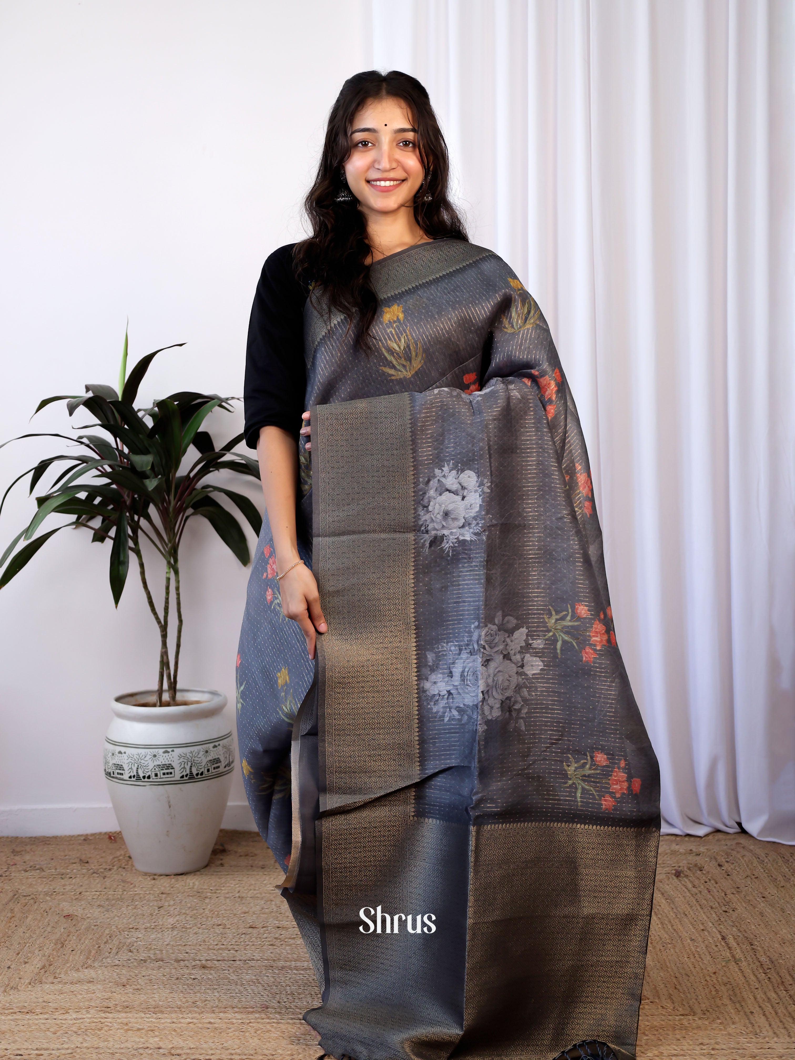 Black -Semi Jute  Saree