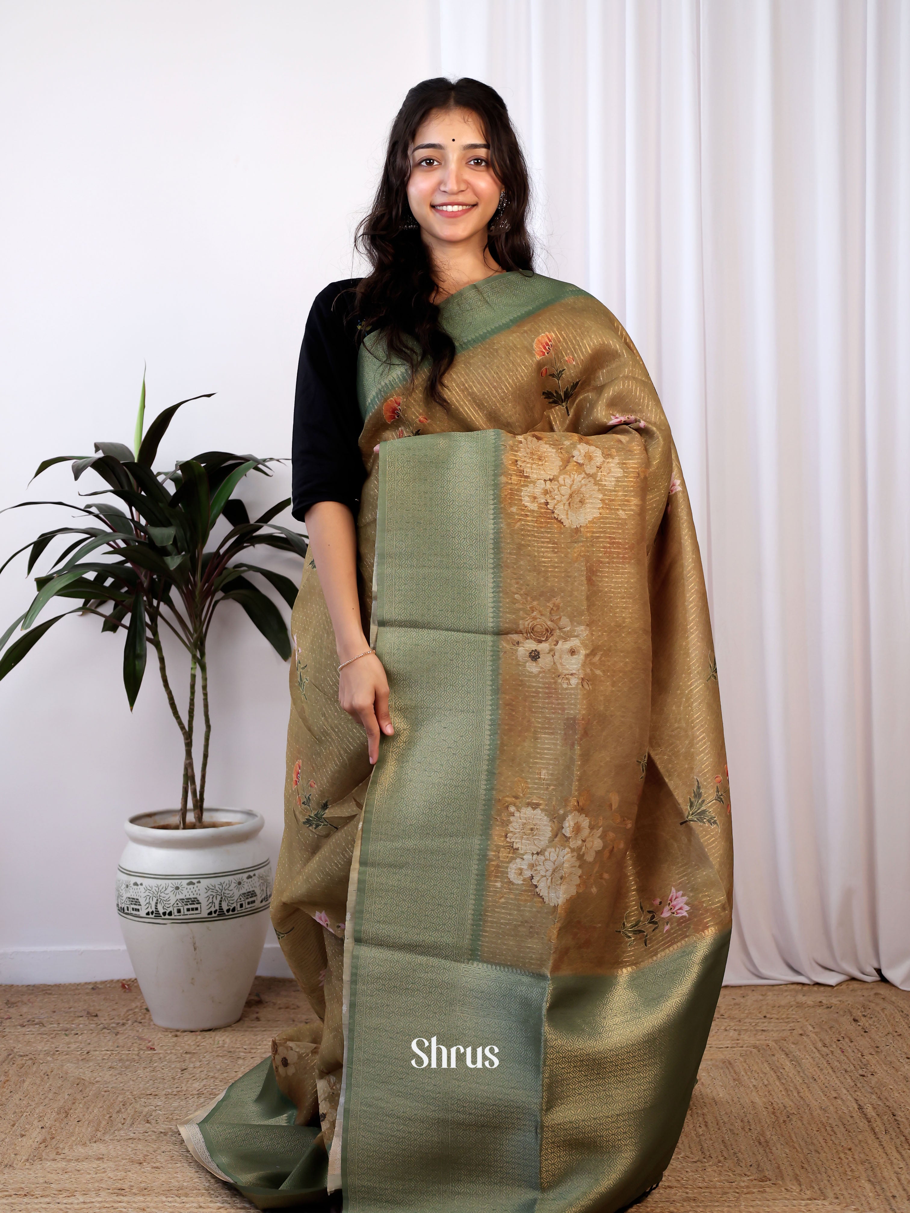 Brown & Green - semi Jute Saree