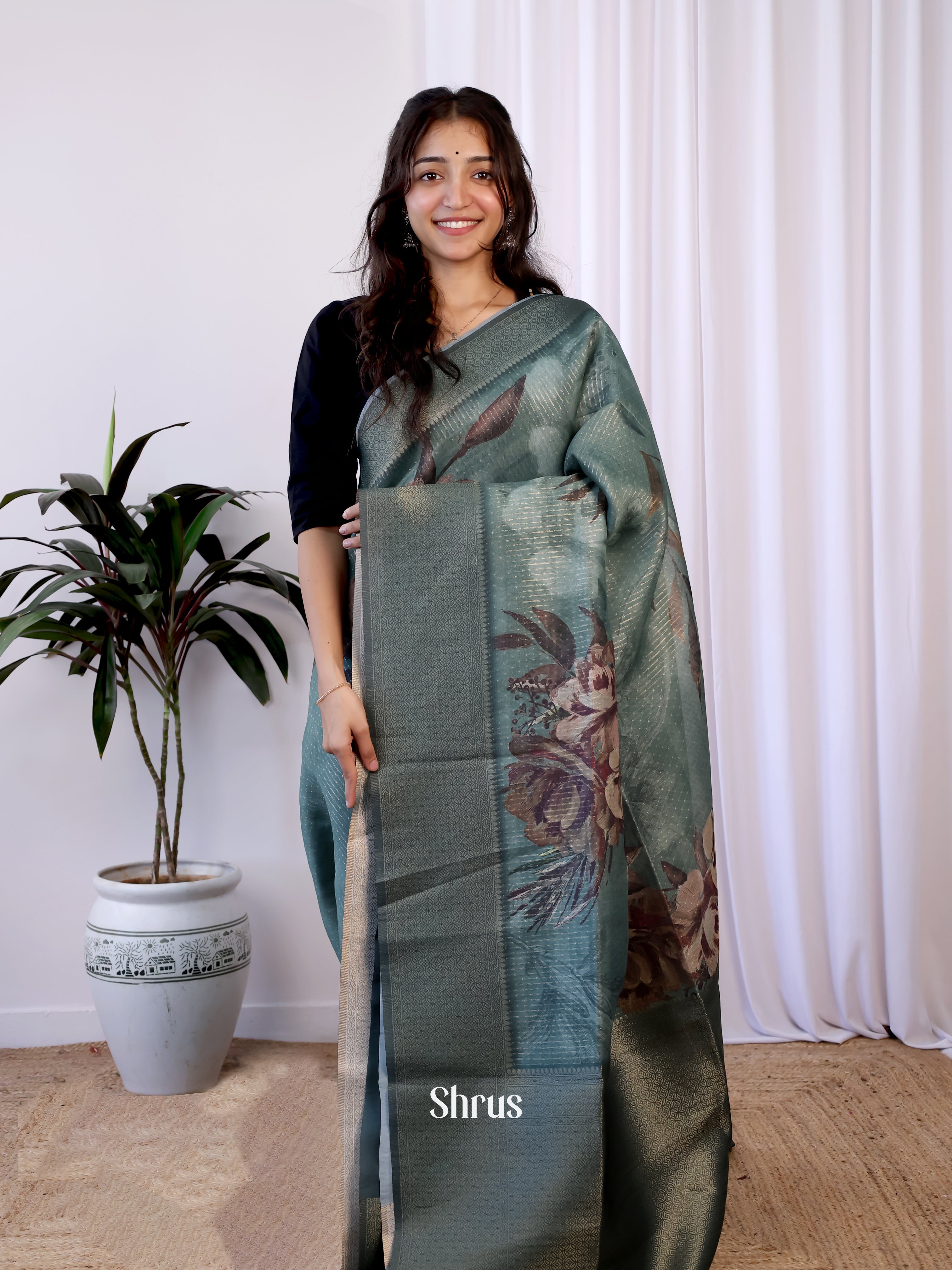 Greyish Blue- Semi Jute Saree