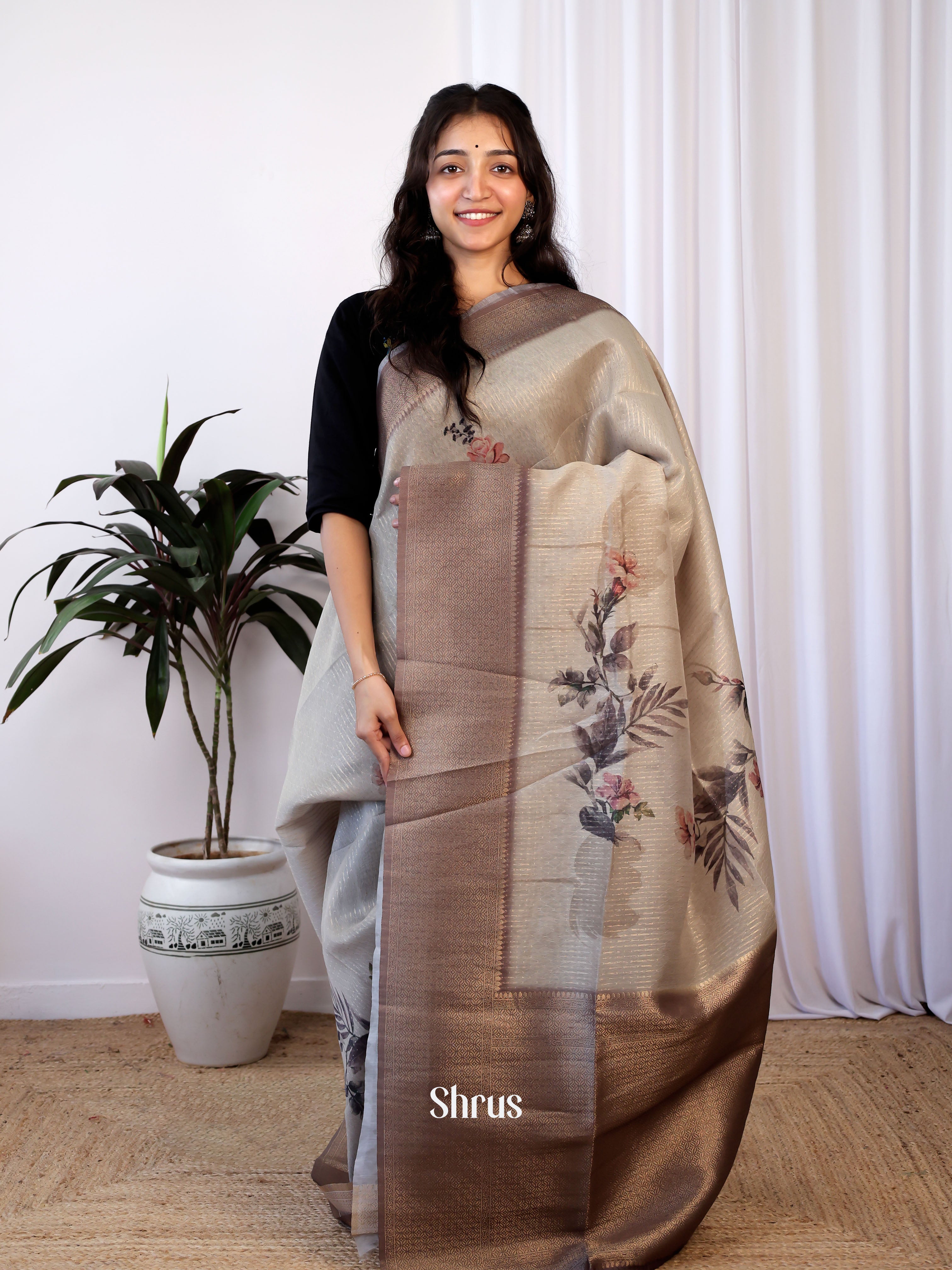 Grey & Brown -Semi Jute Saree