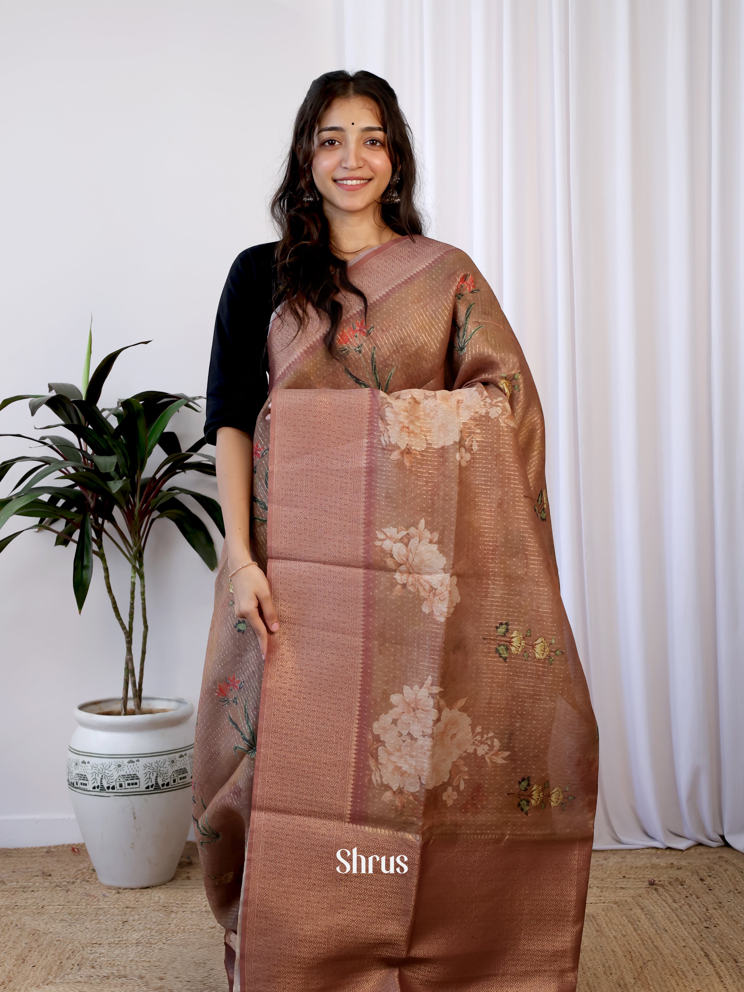 Brown - Semi Jute  Saree