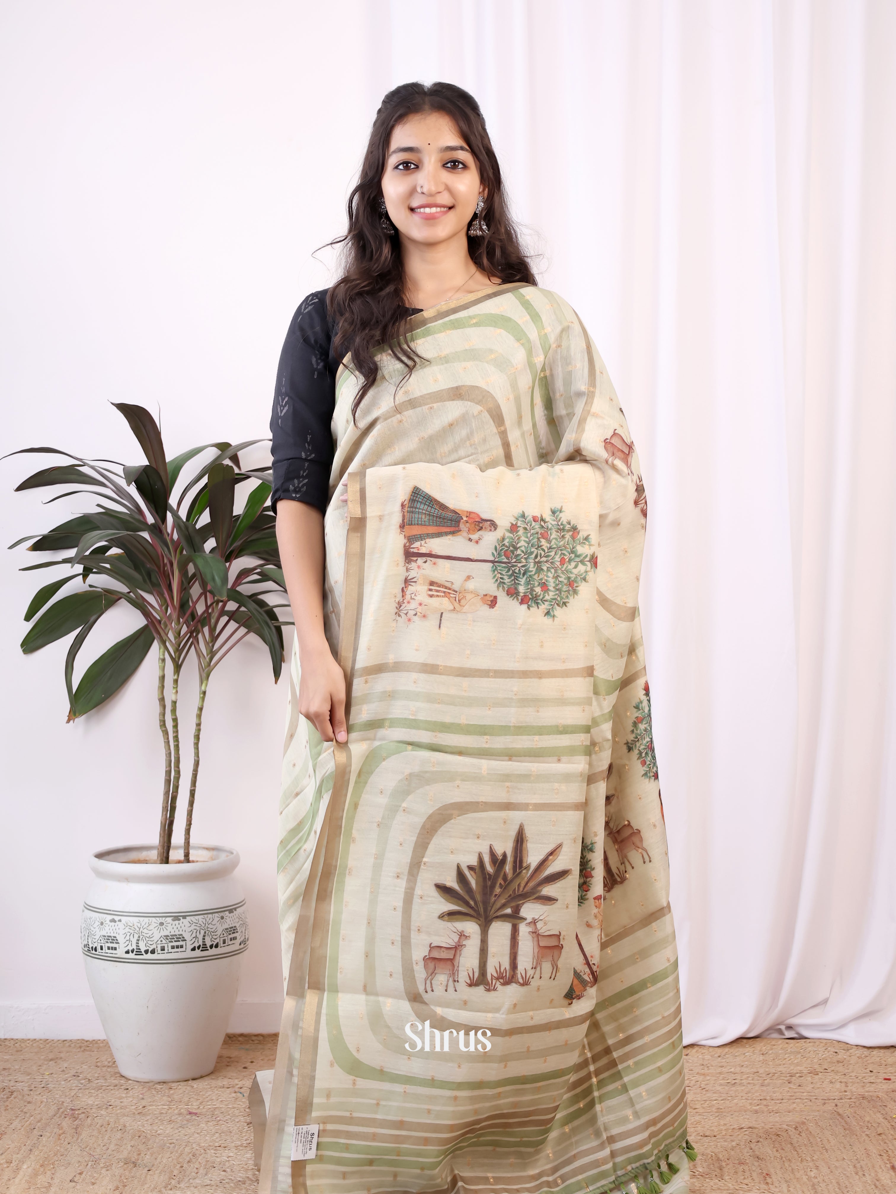 Cream - Semi Dola silk Saree