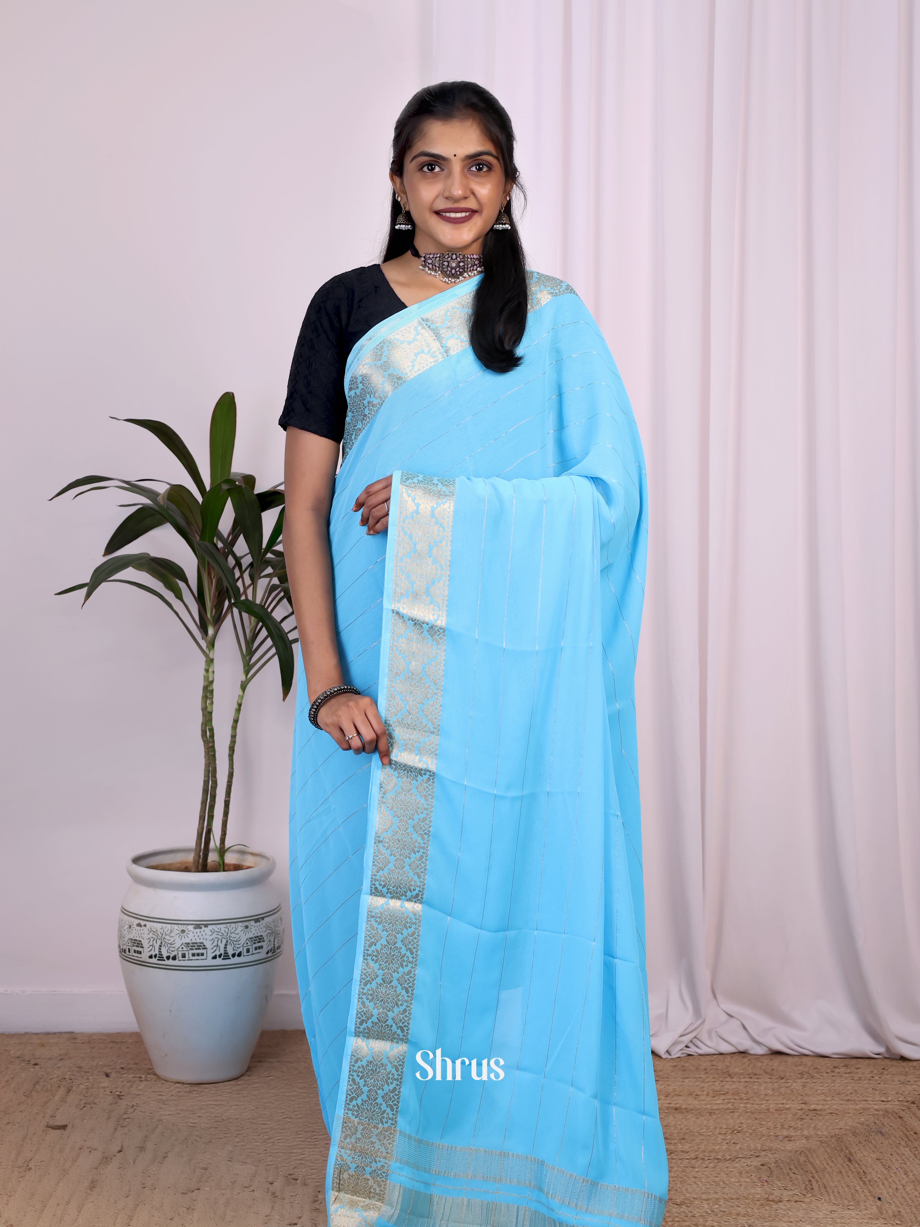 Blue - Semi Mysoresilk Saree