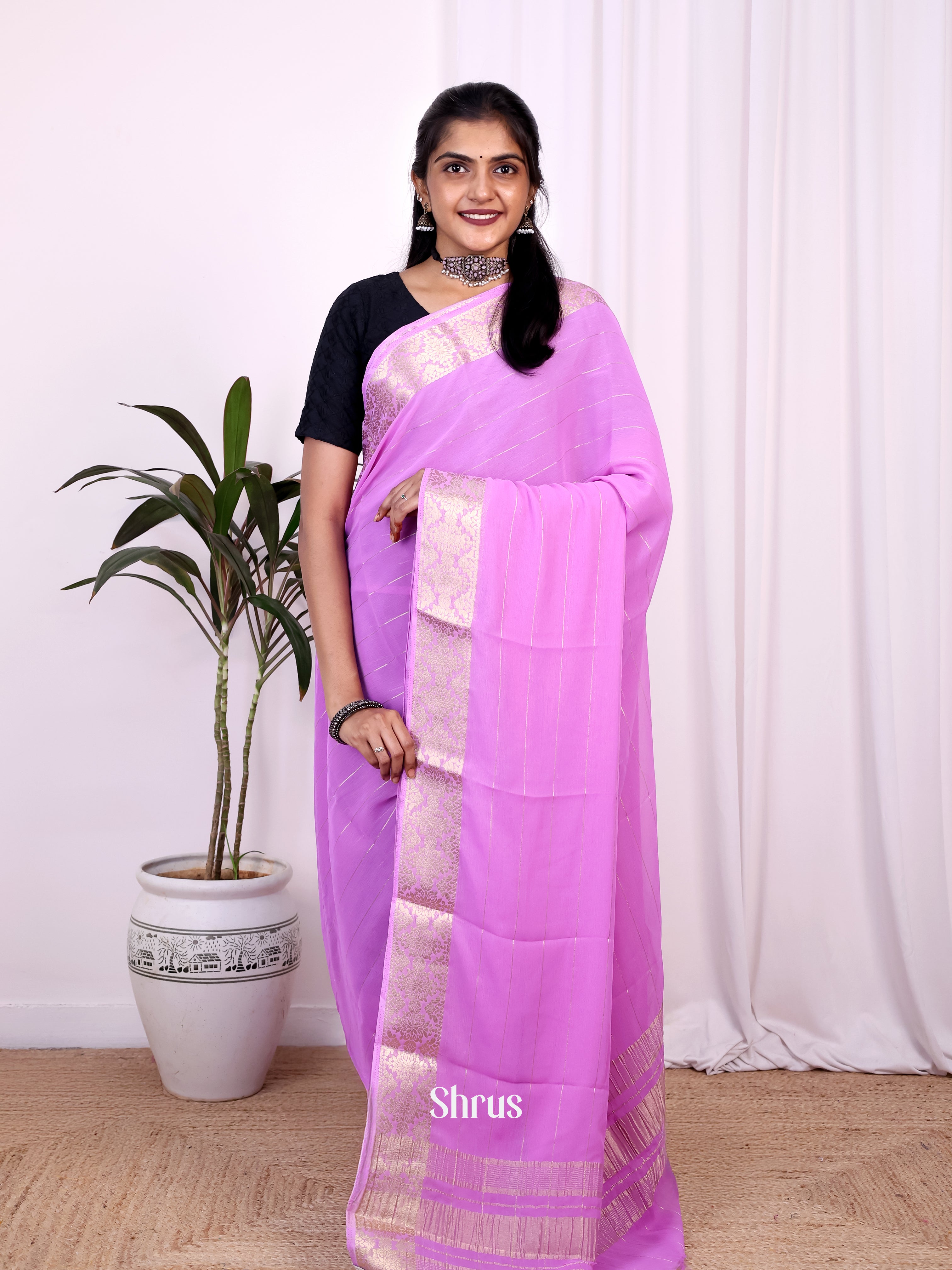 Purple - Semi Mysoresilk Saree