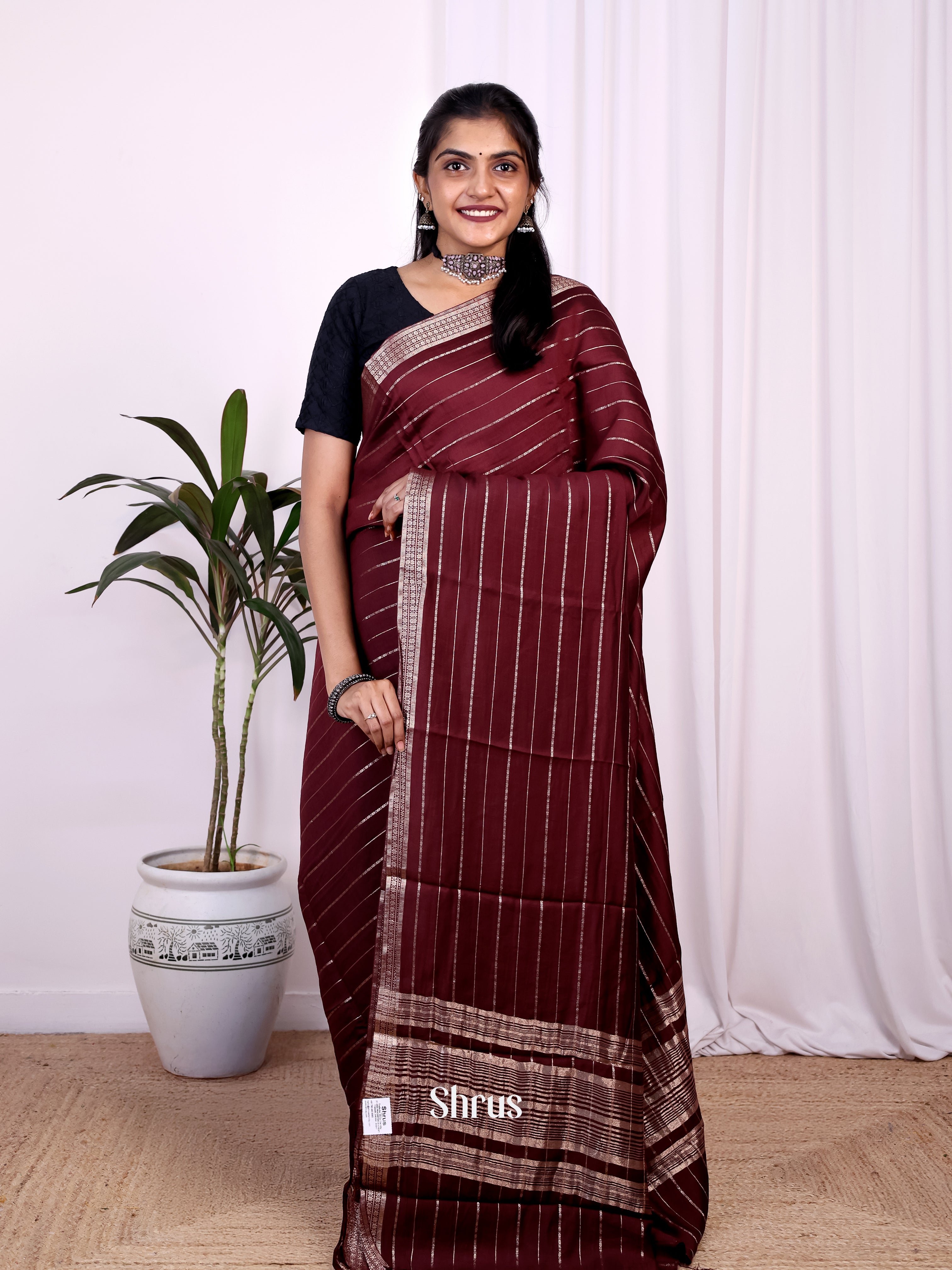 Brown - Semi Mysoresilk Saree