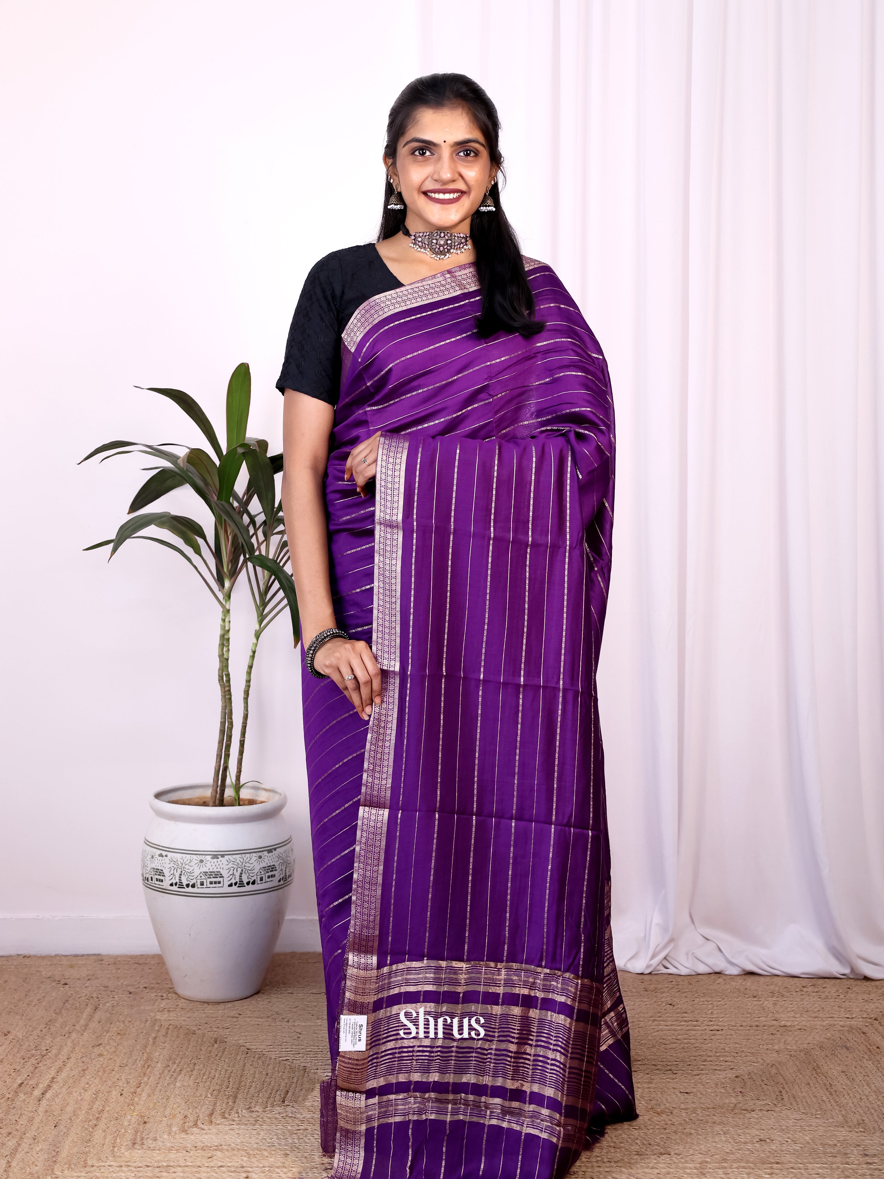 Purple - Semi Mysoresilk Saree