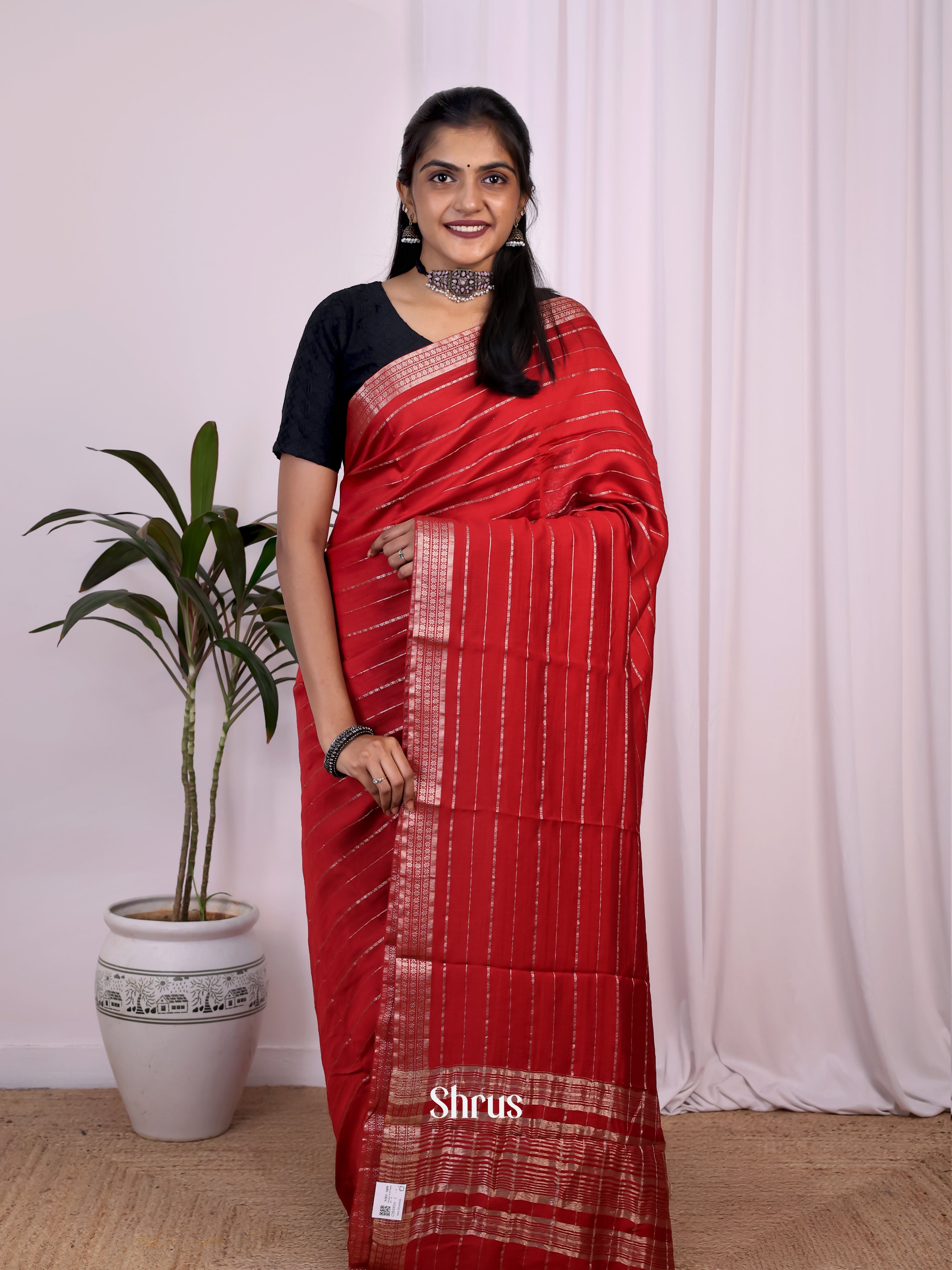 Red - Semi Mysoresilk Saree