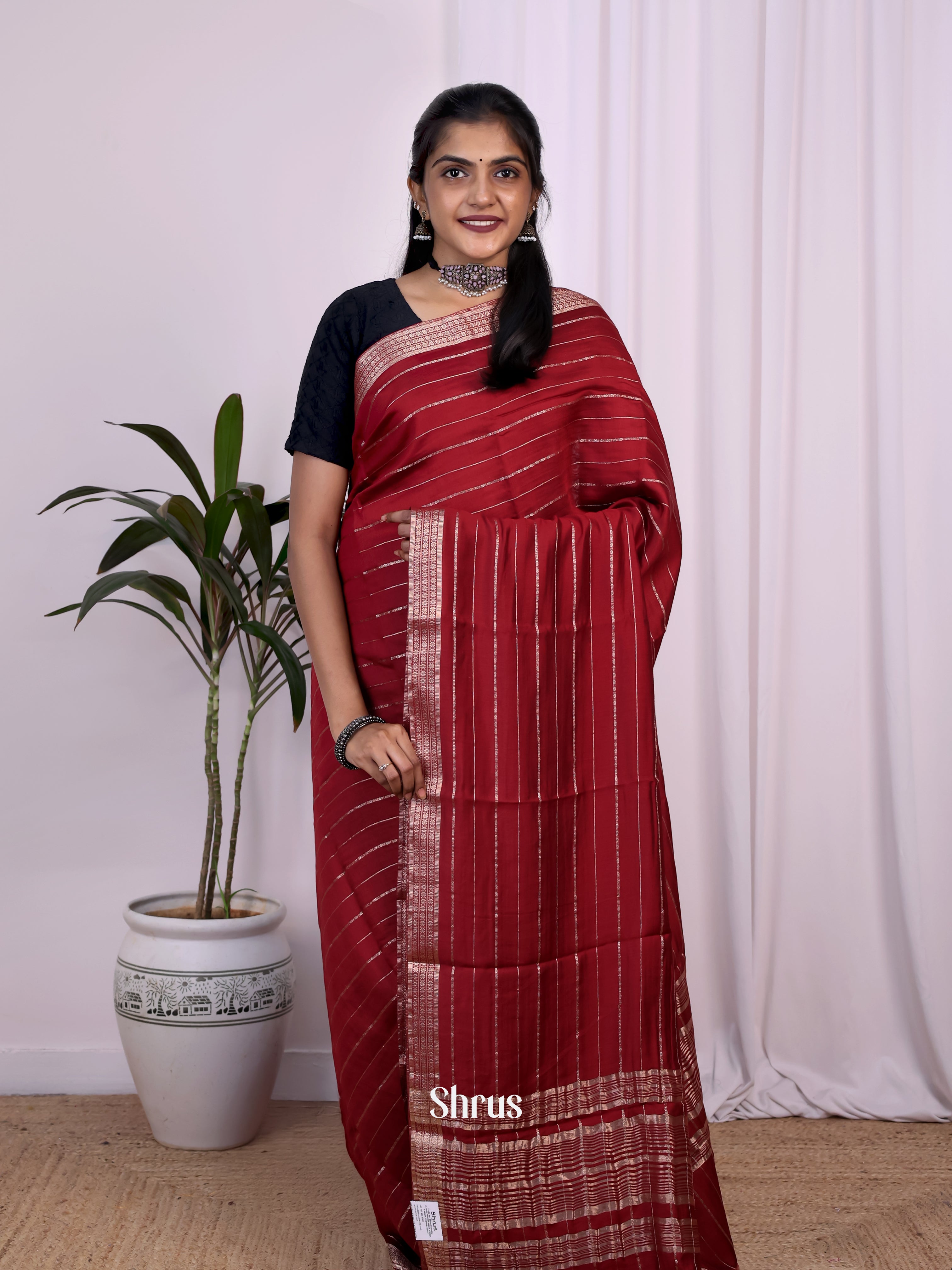 Maroon - Semi Mysoresilk Saree