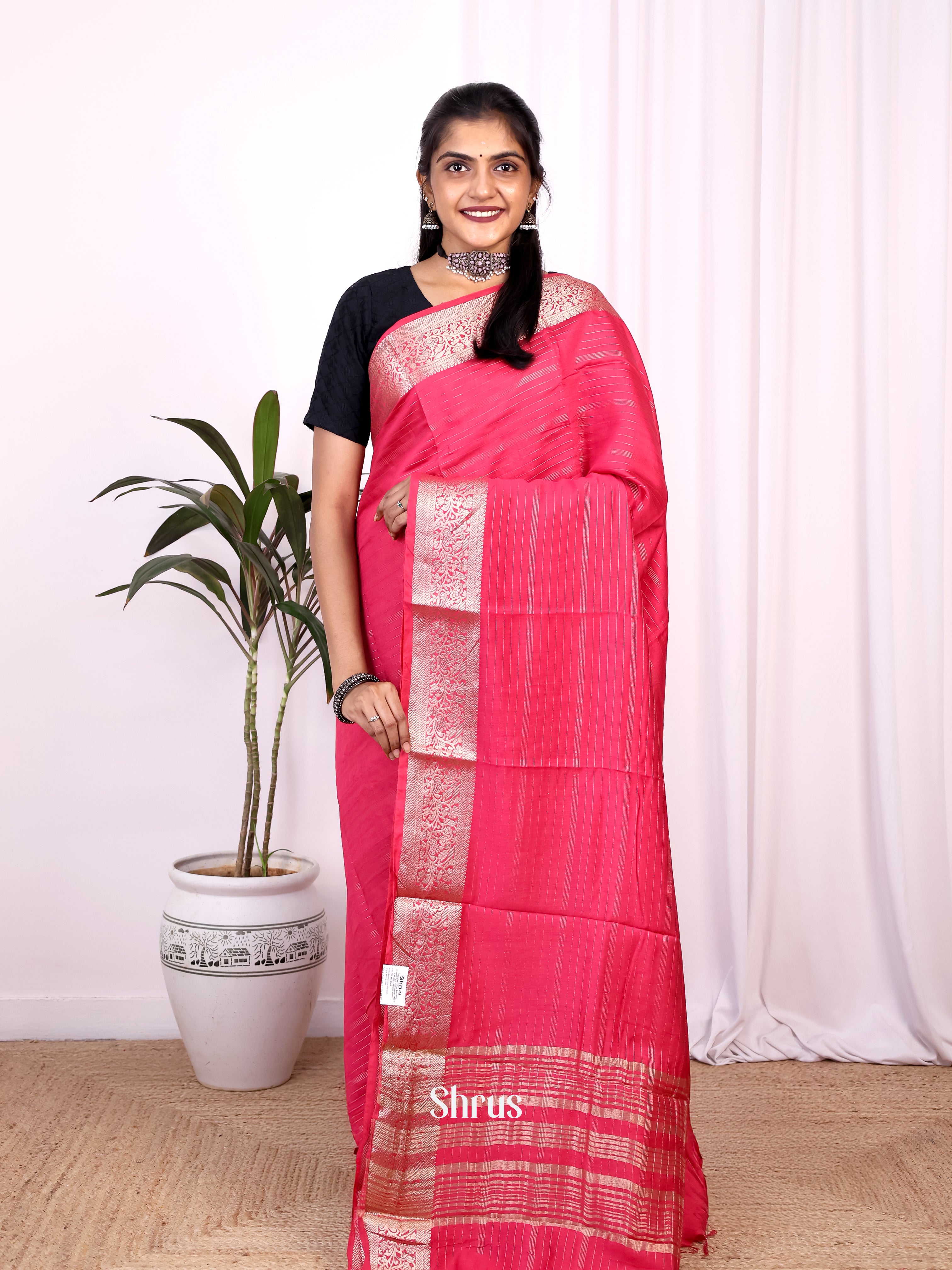 Pink - Semi Mysoresilk Saree