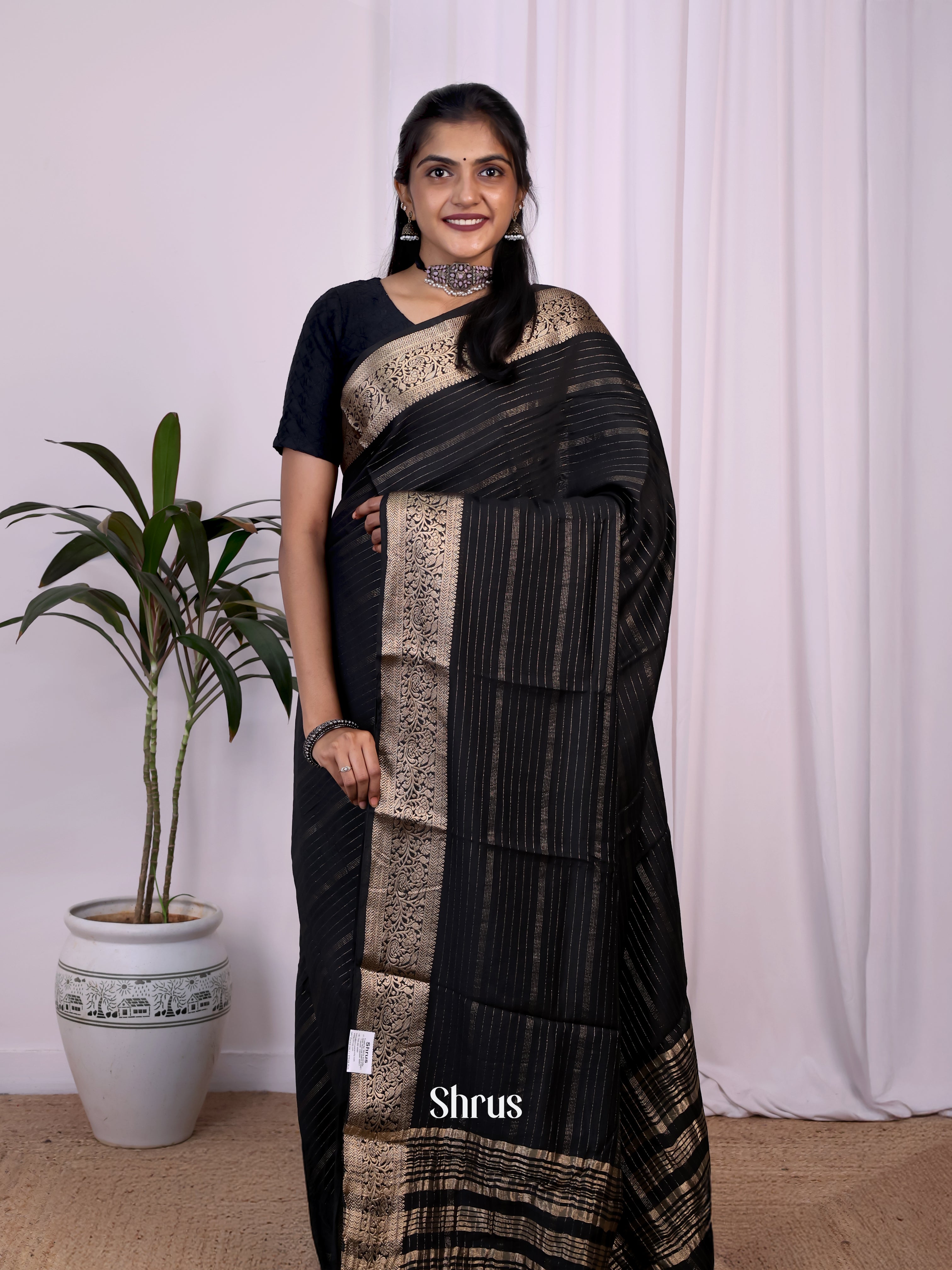 Black - Semi Mysoresilk Saree