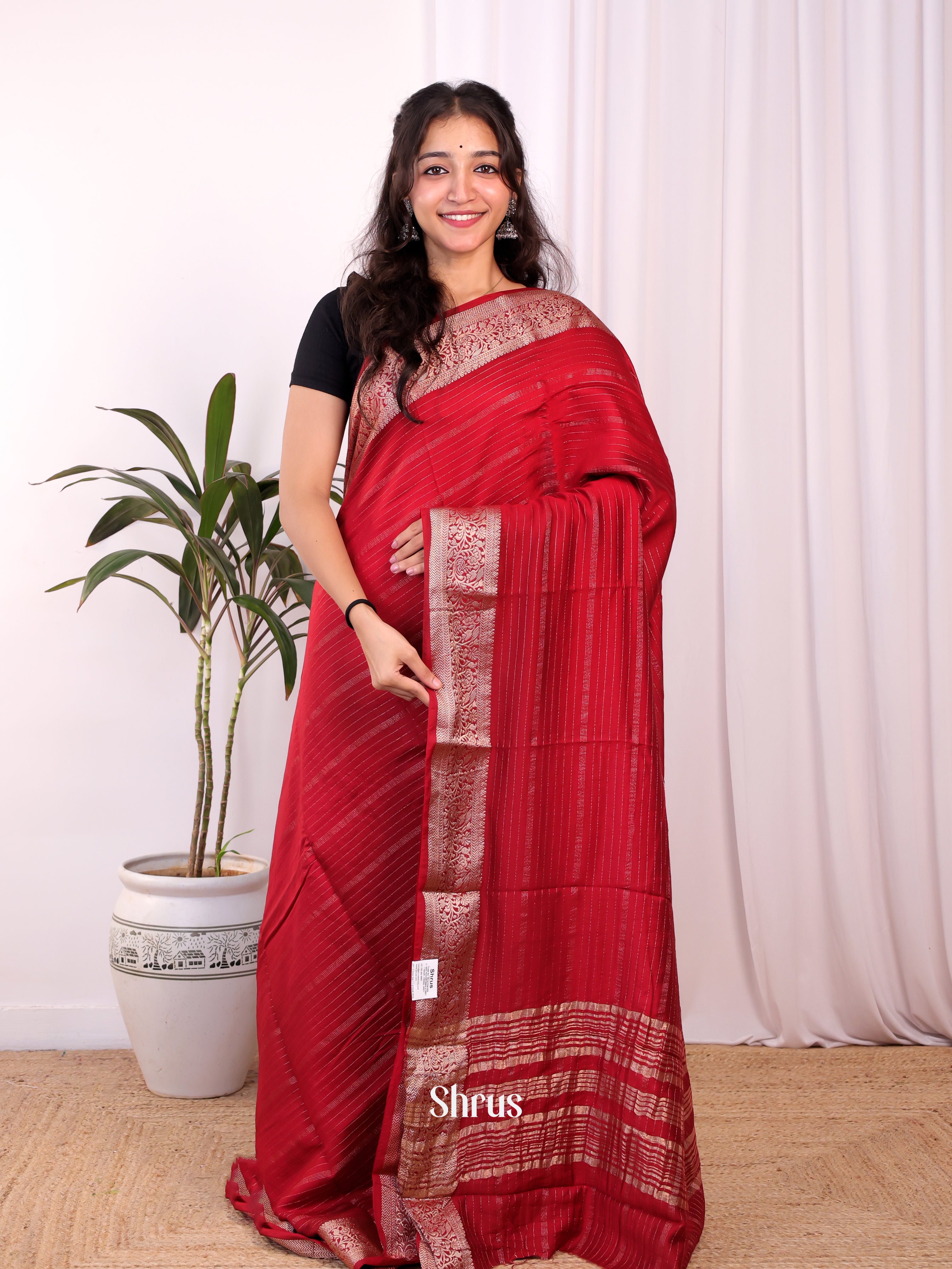 Red - Semi Mysoresilk Saree