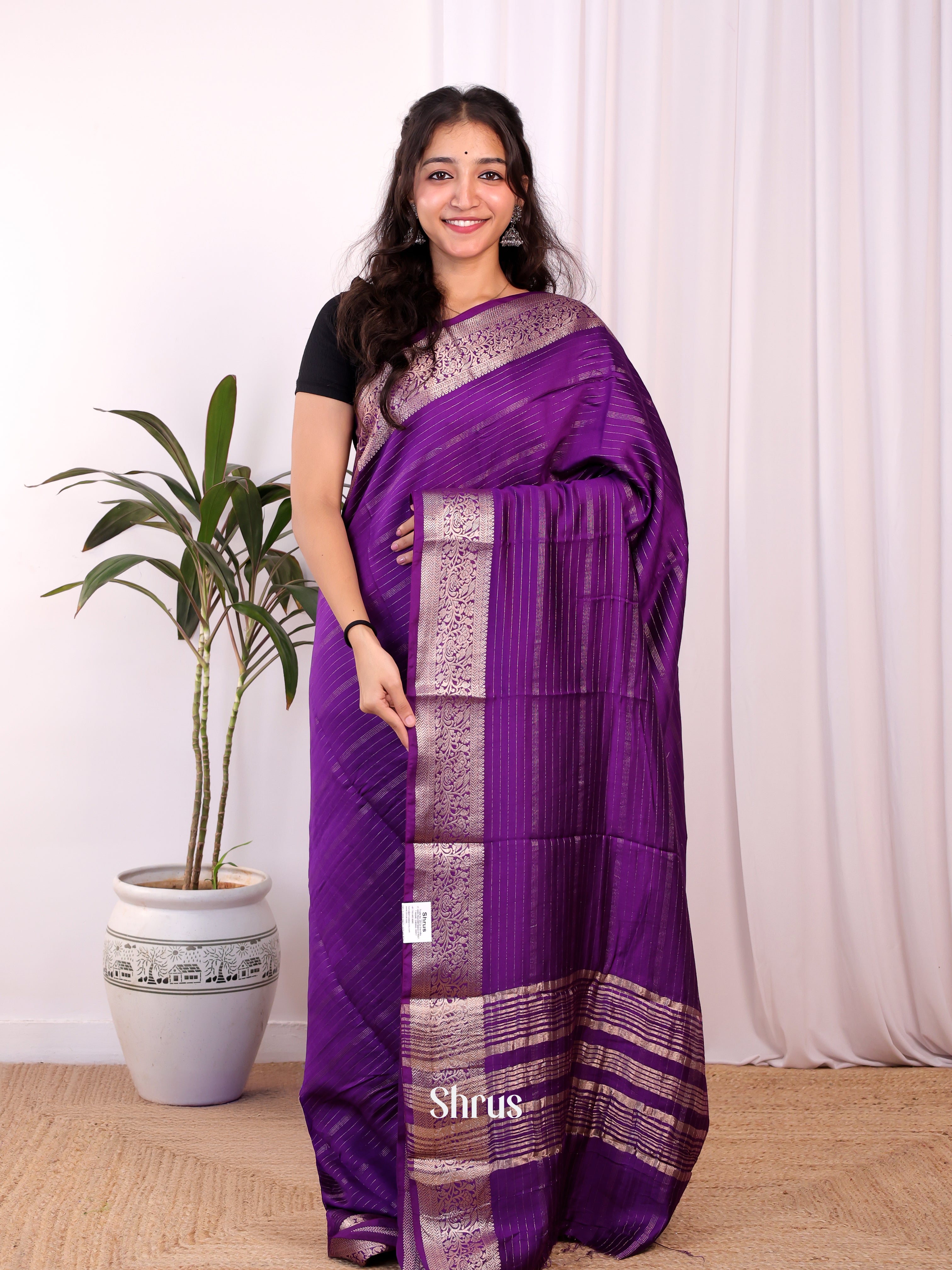 Purple - Semi Mysoresilk Saree