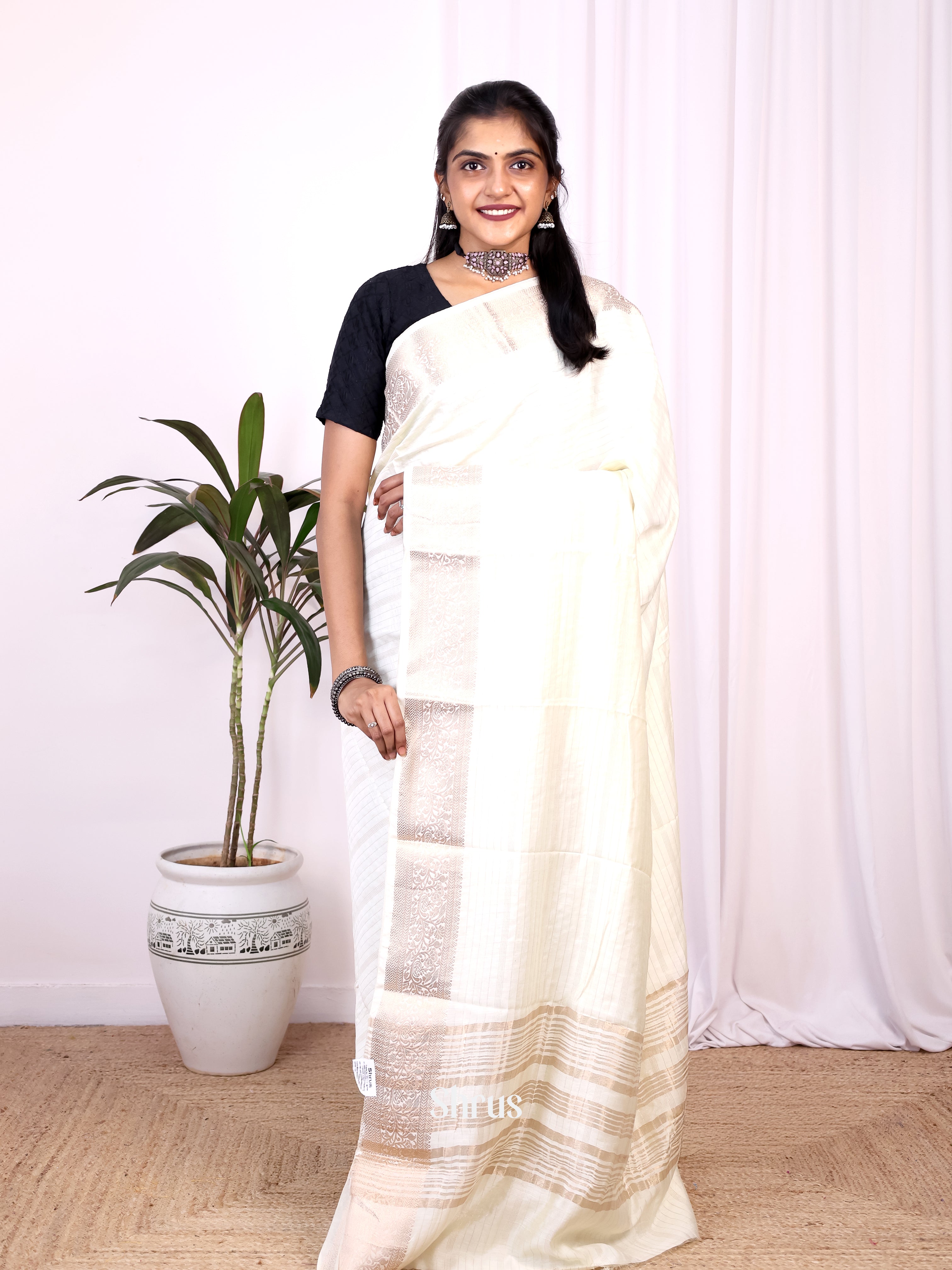 Cream - Semi Mysoresilk Saree