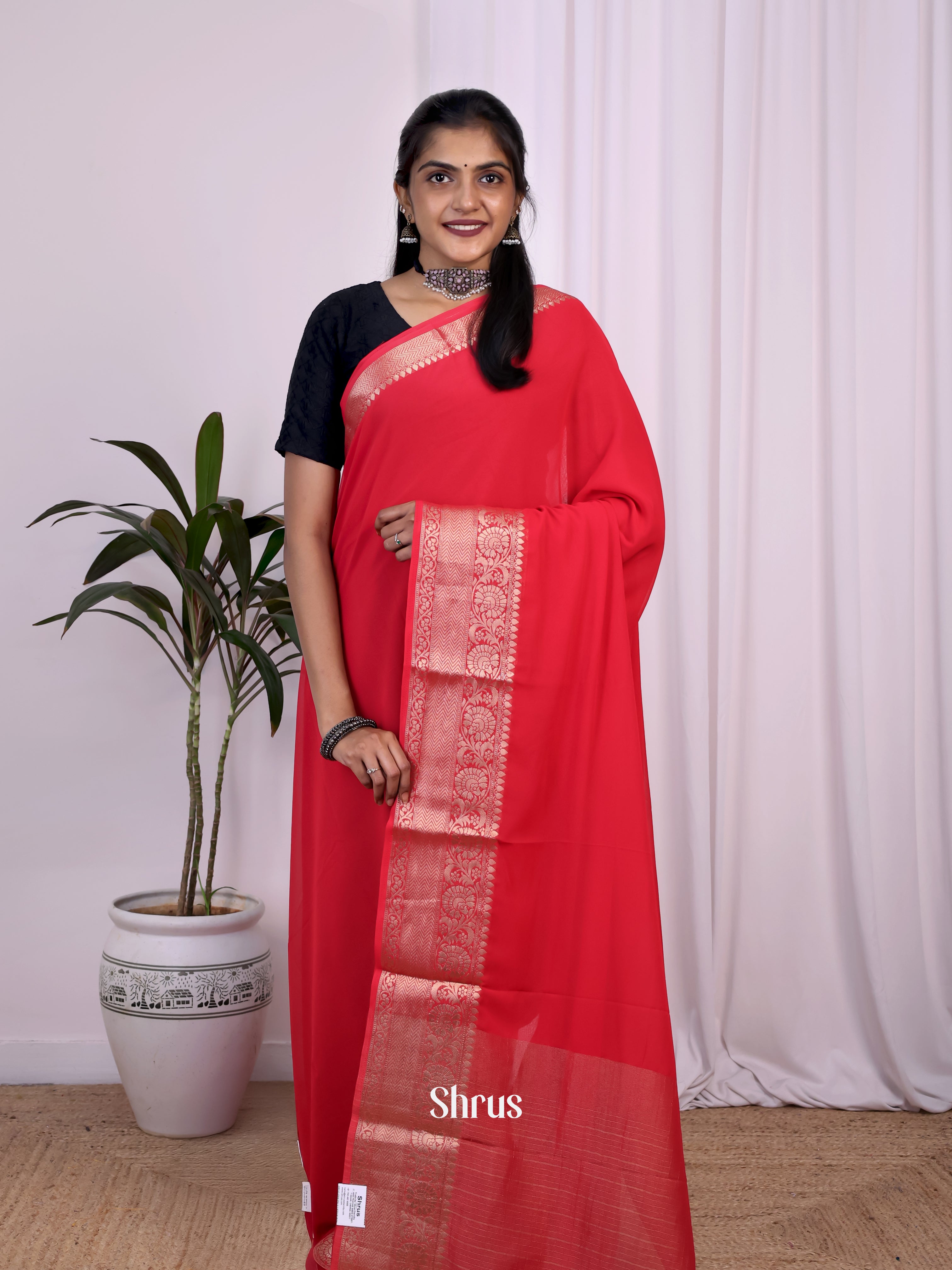 Red - Semi Mysoresilk Saree