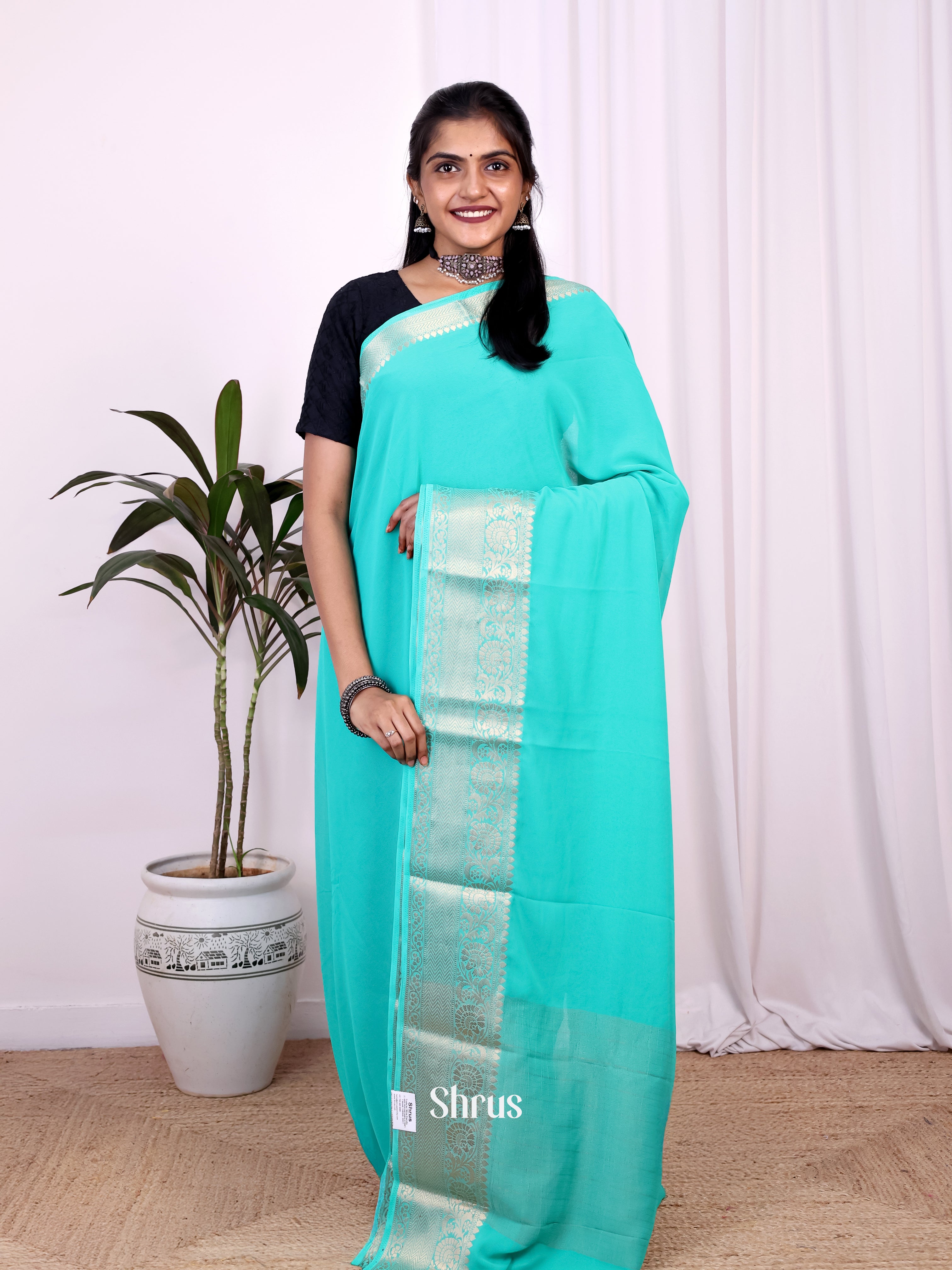 Teal - Semi Mysoresilk Saree - Shop on Shrus.com
