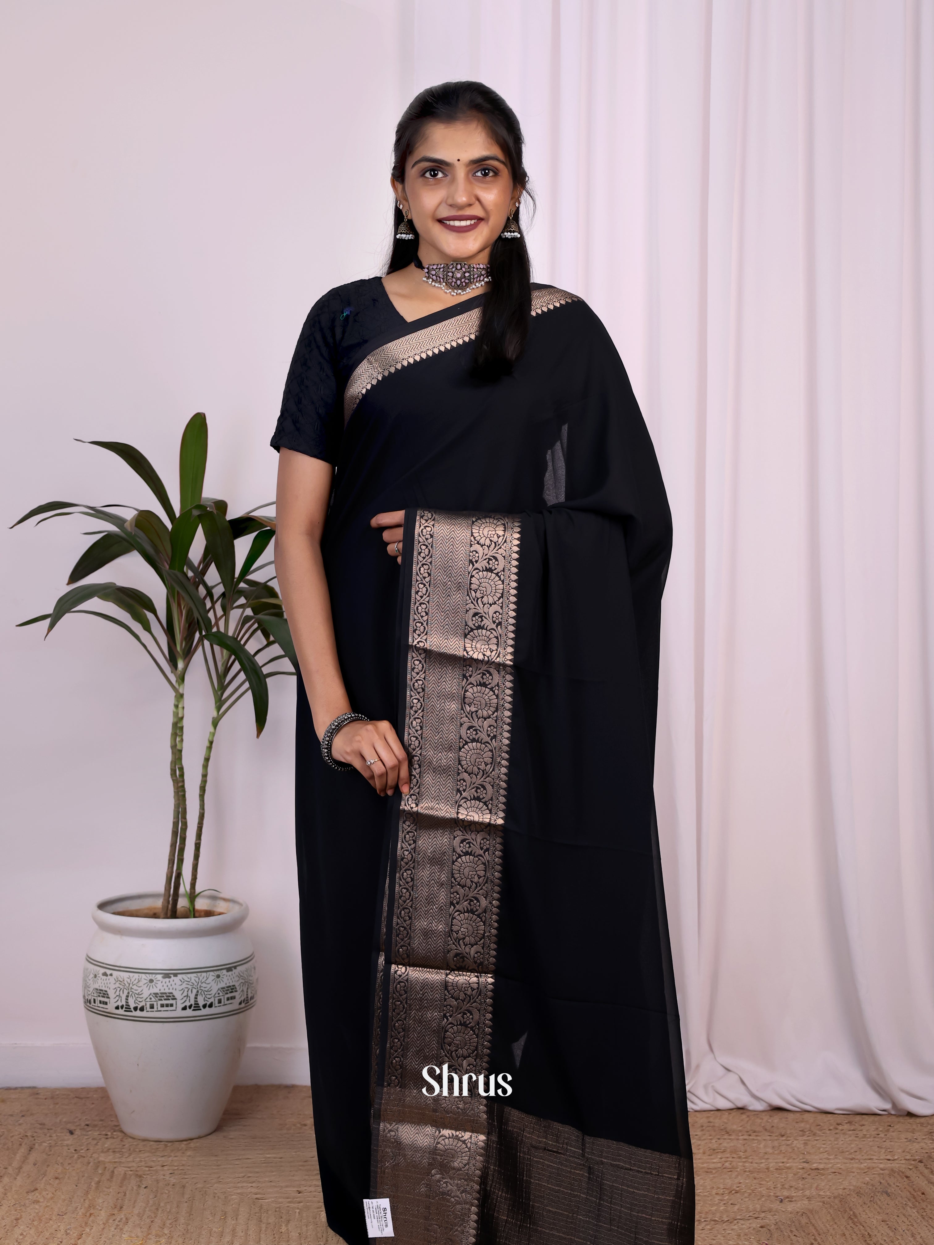 Black - Semi Mysoresilk Saree