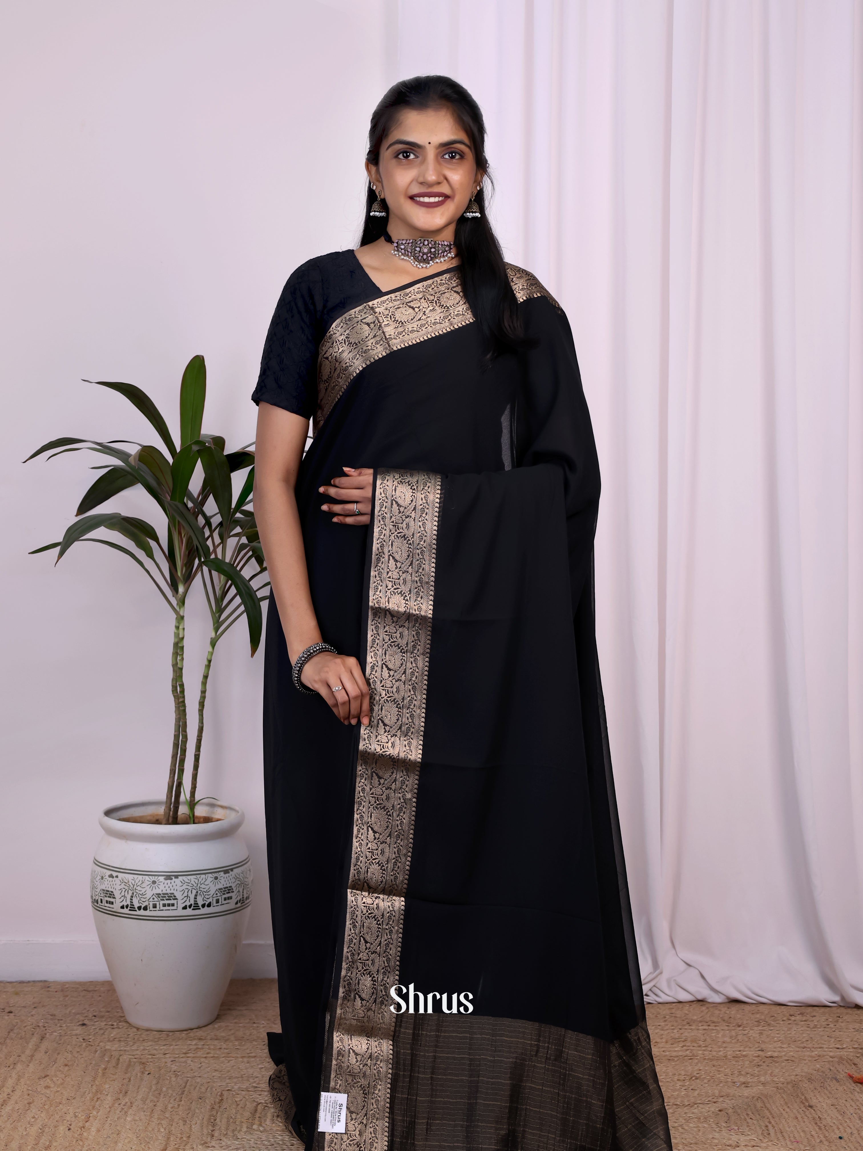 Black - Semi Mysoresilk Saree