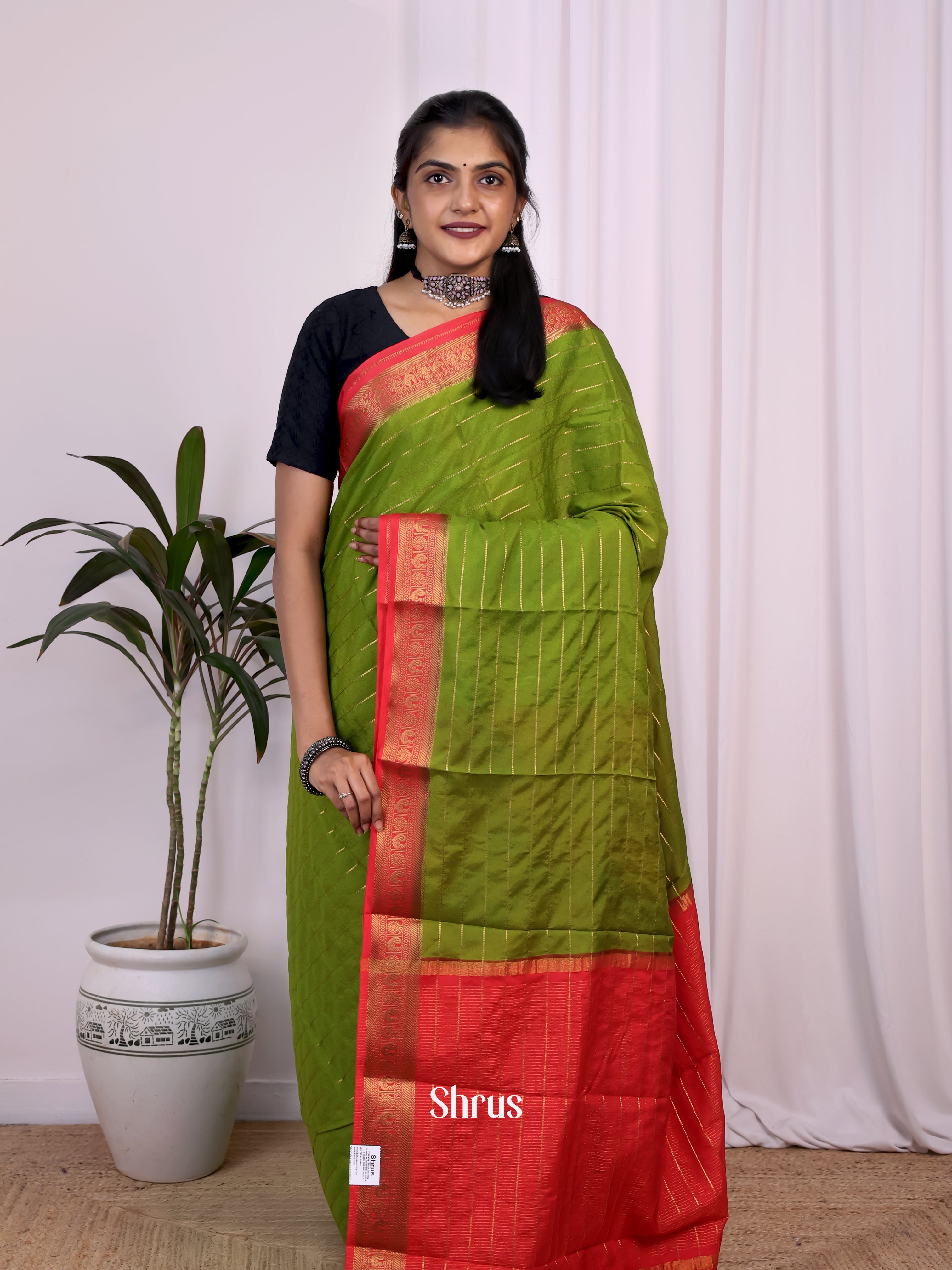 Green & Red - Semi Mysoresilk Saree