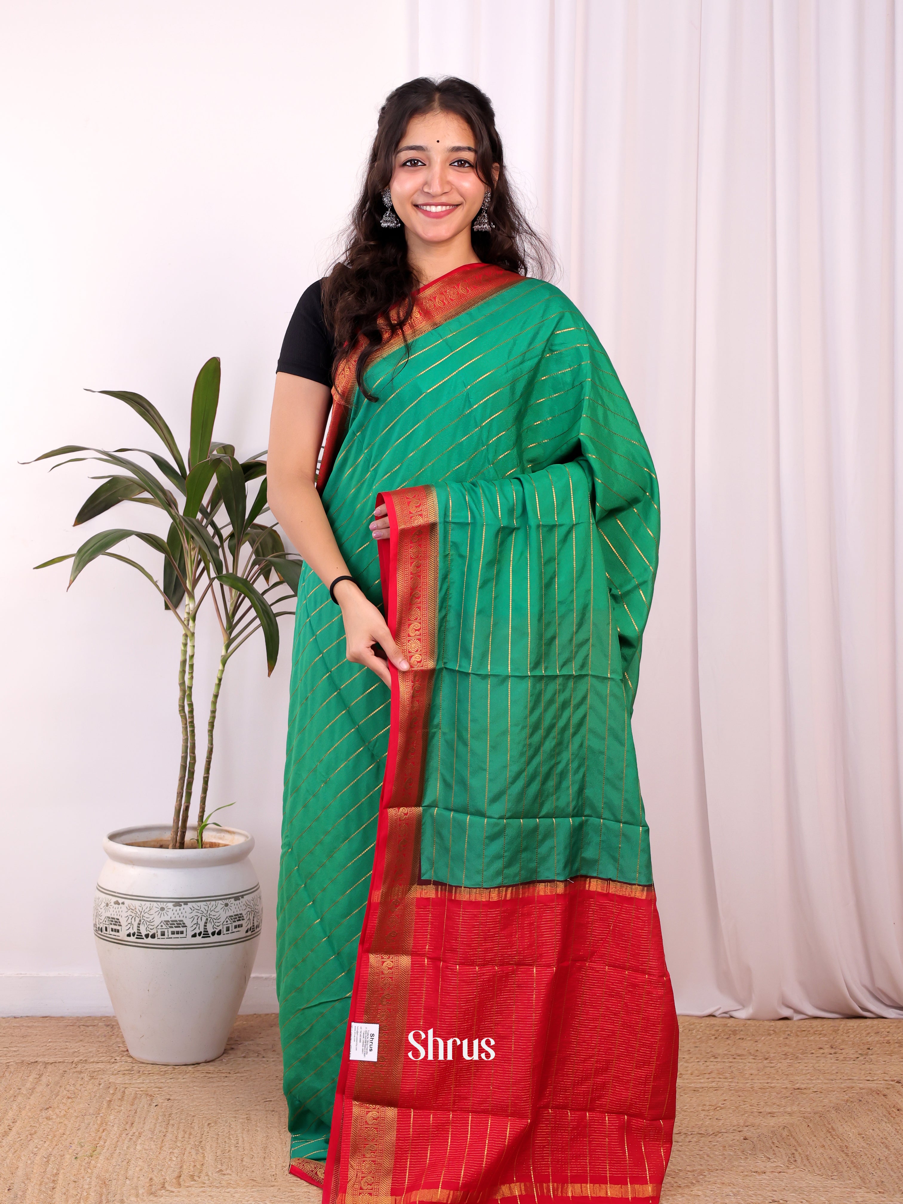 Green & Red - Semi Mysoresilk Saree