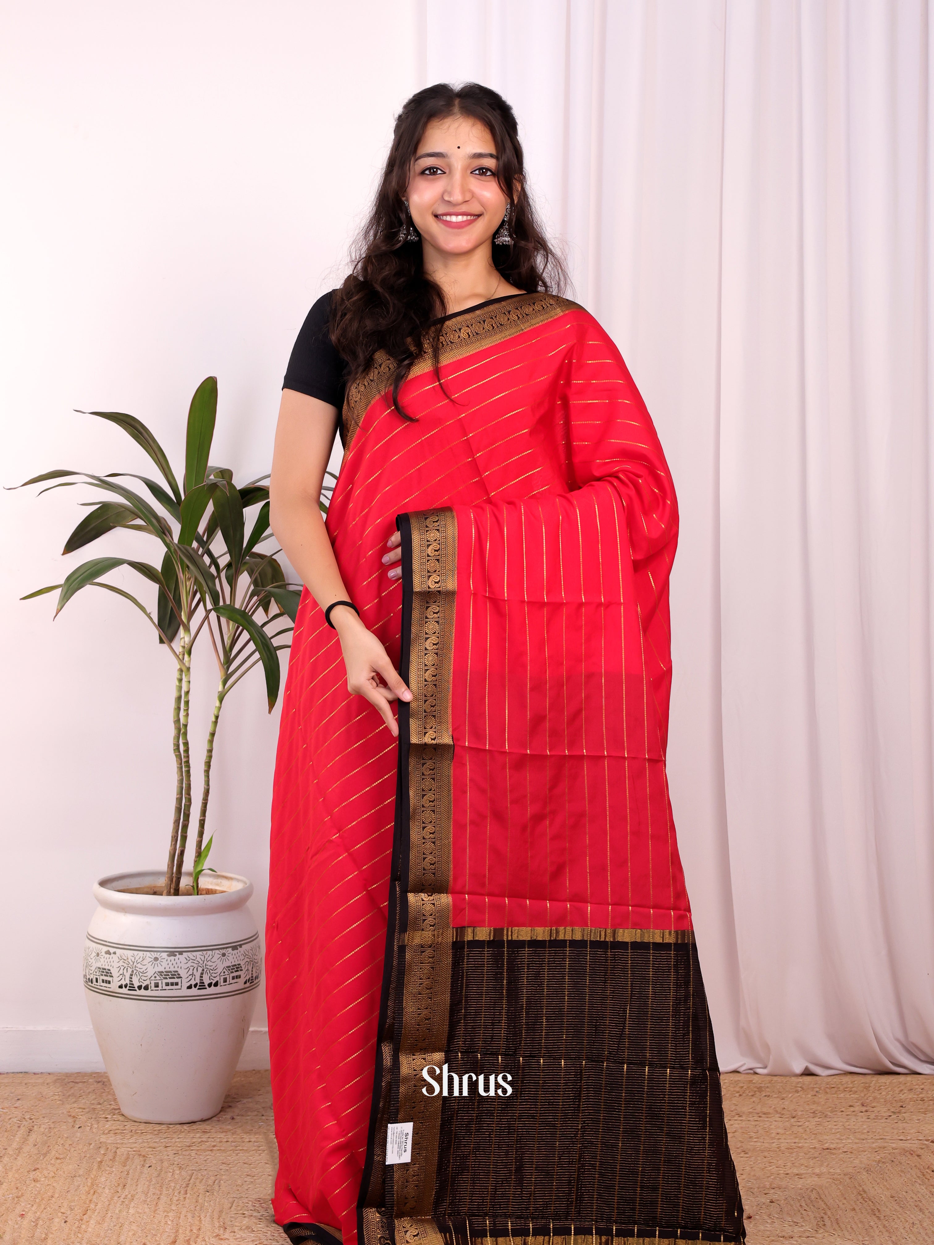 Red & brown- Semi Mysoresilk Saree