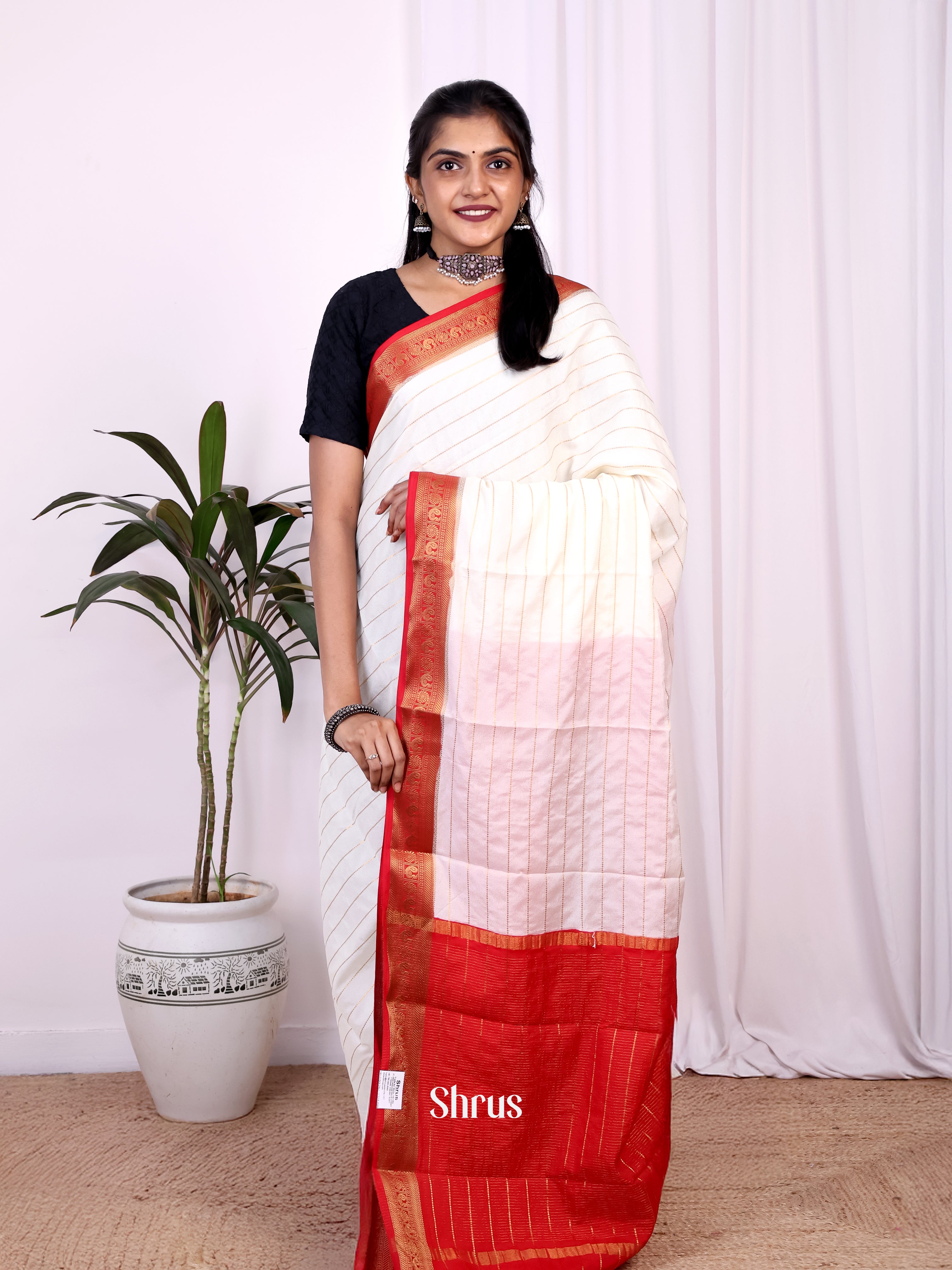 Cream & Red- Semi Mysoresilk Saree