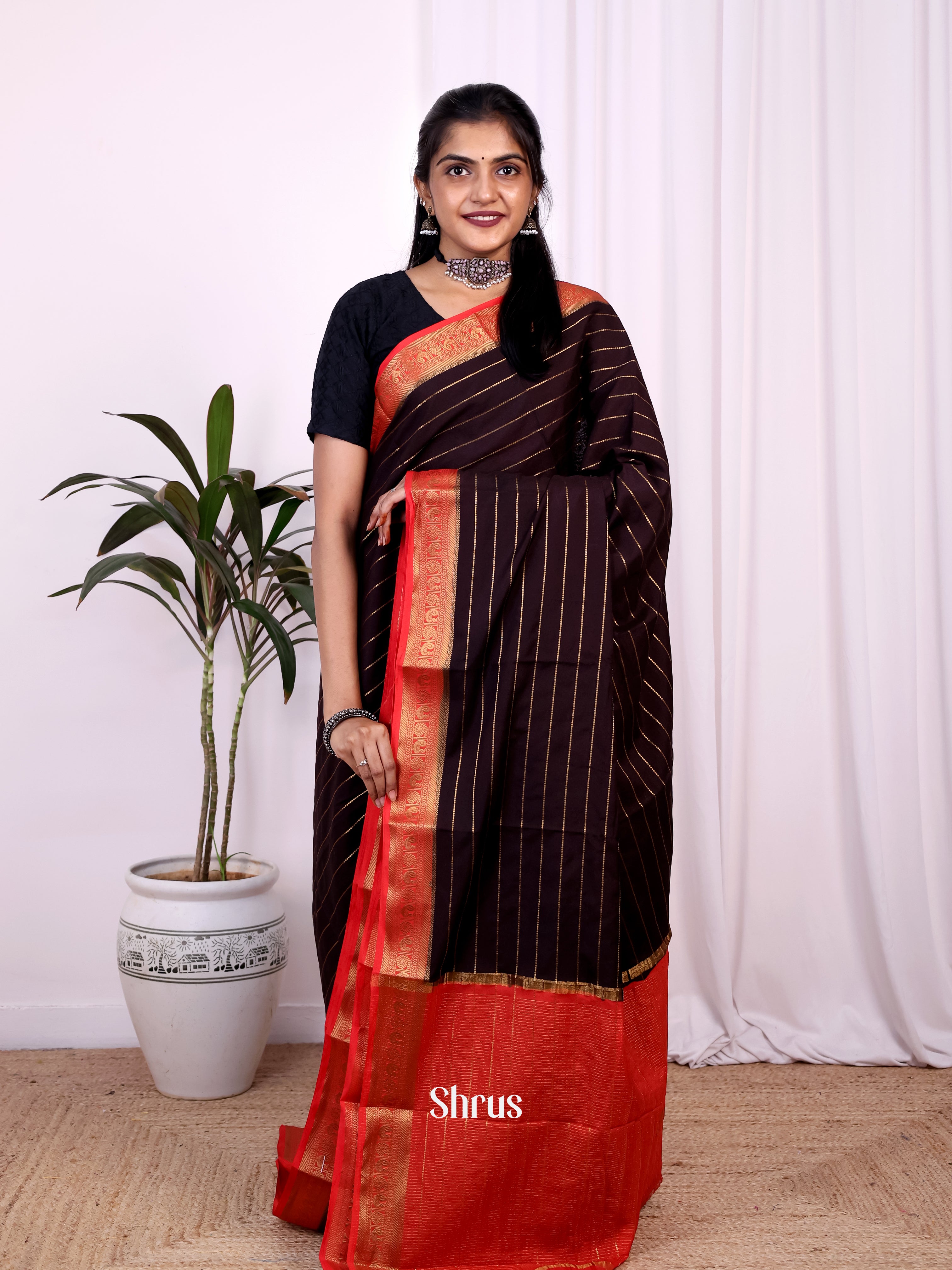 Brown  & Red - Semi Mysoresilk Saree