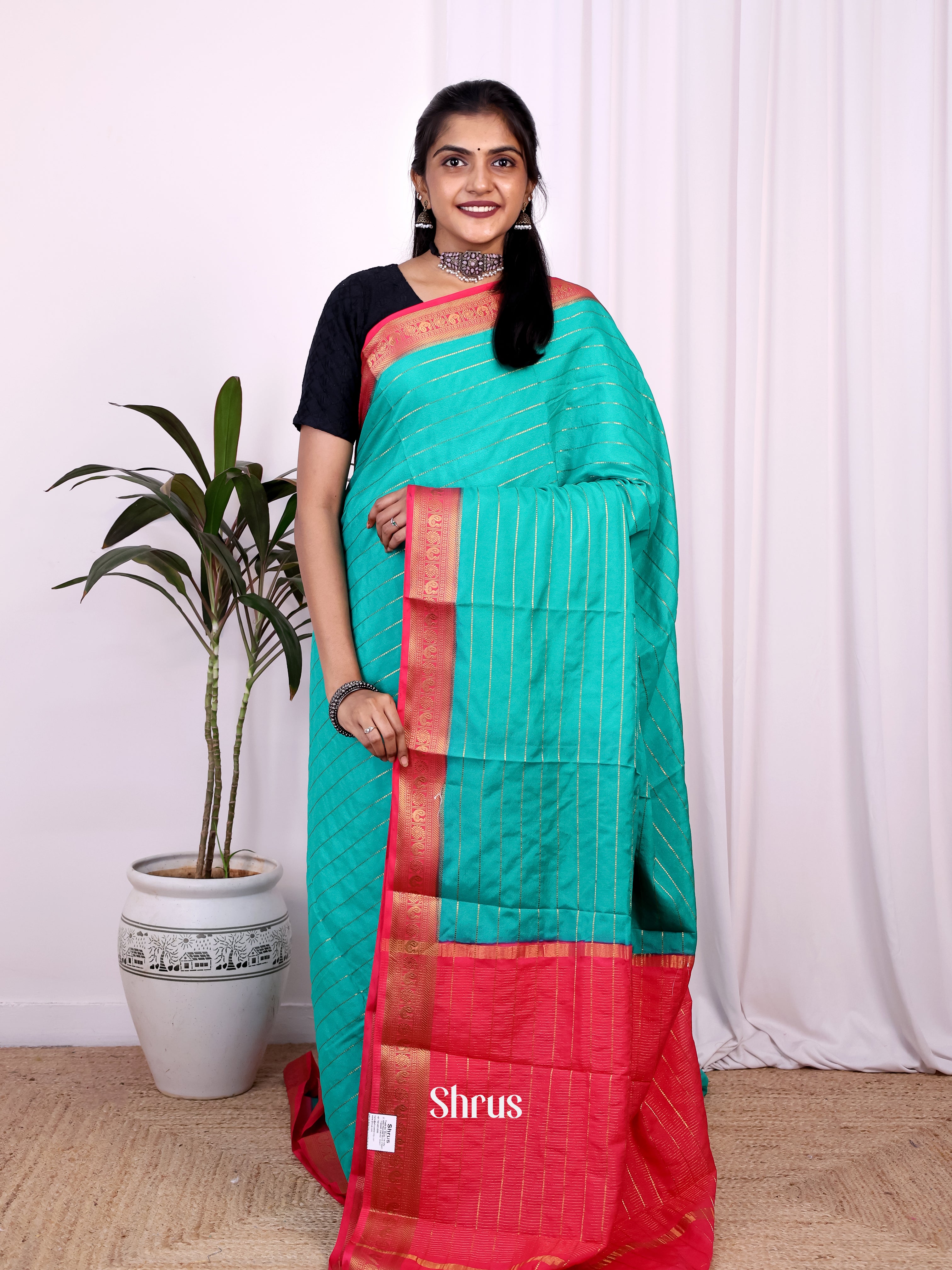 Teal & Pink - Semi Mysoresilk Saree