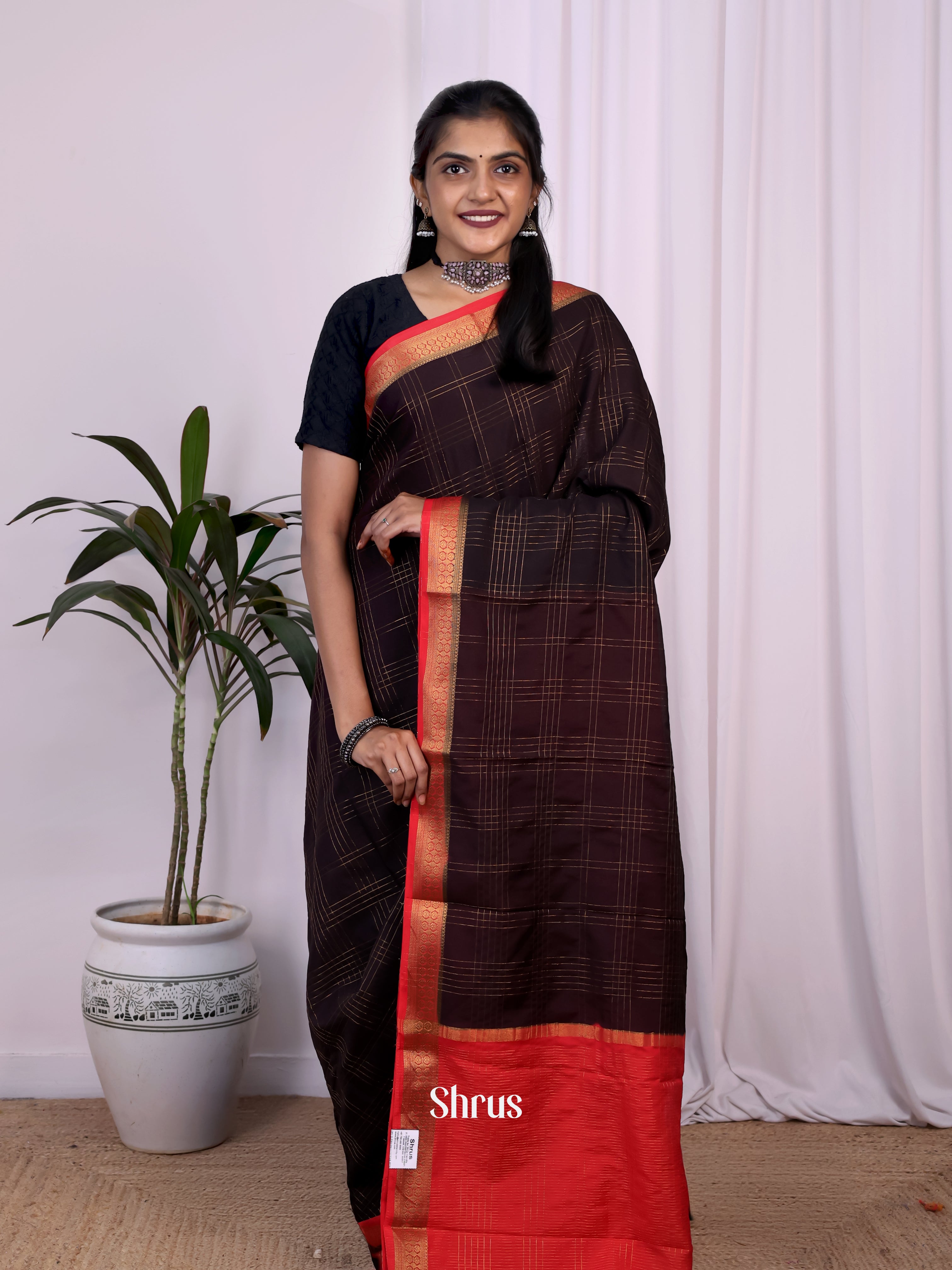 Brown & Red - Semi Mysoresilk Saree