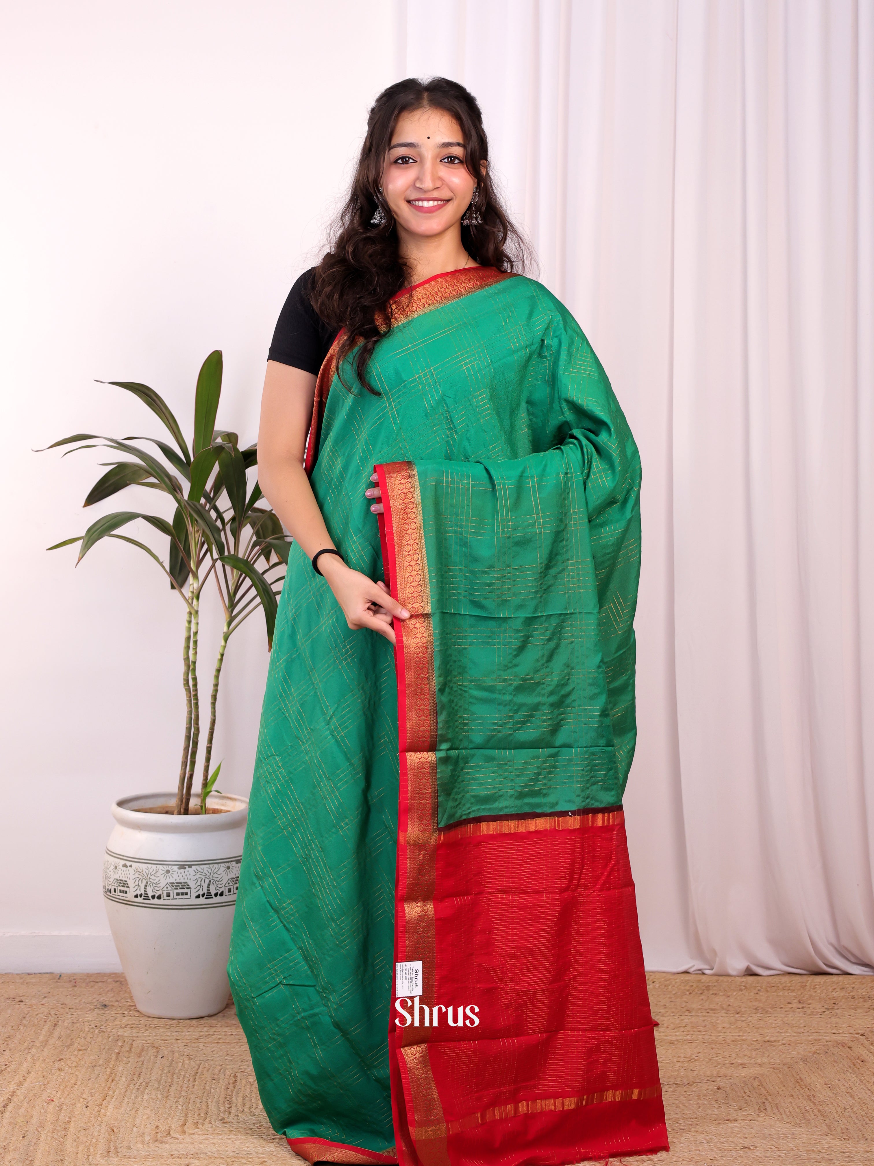 Green & Red - Semi Mysoresilk Saree