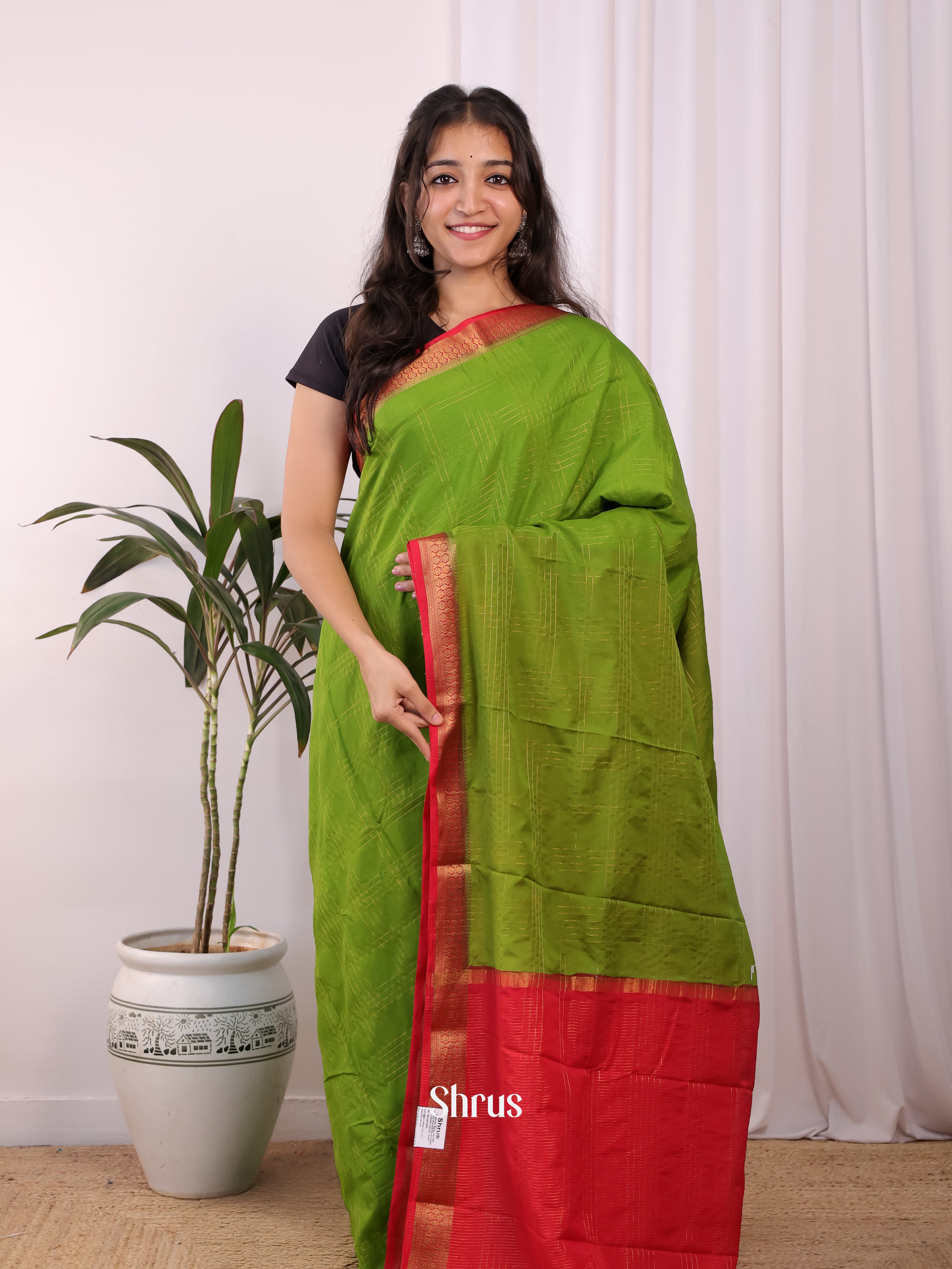 Green & Red - Semi Mysoresilk Saree