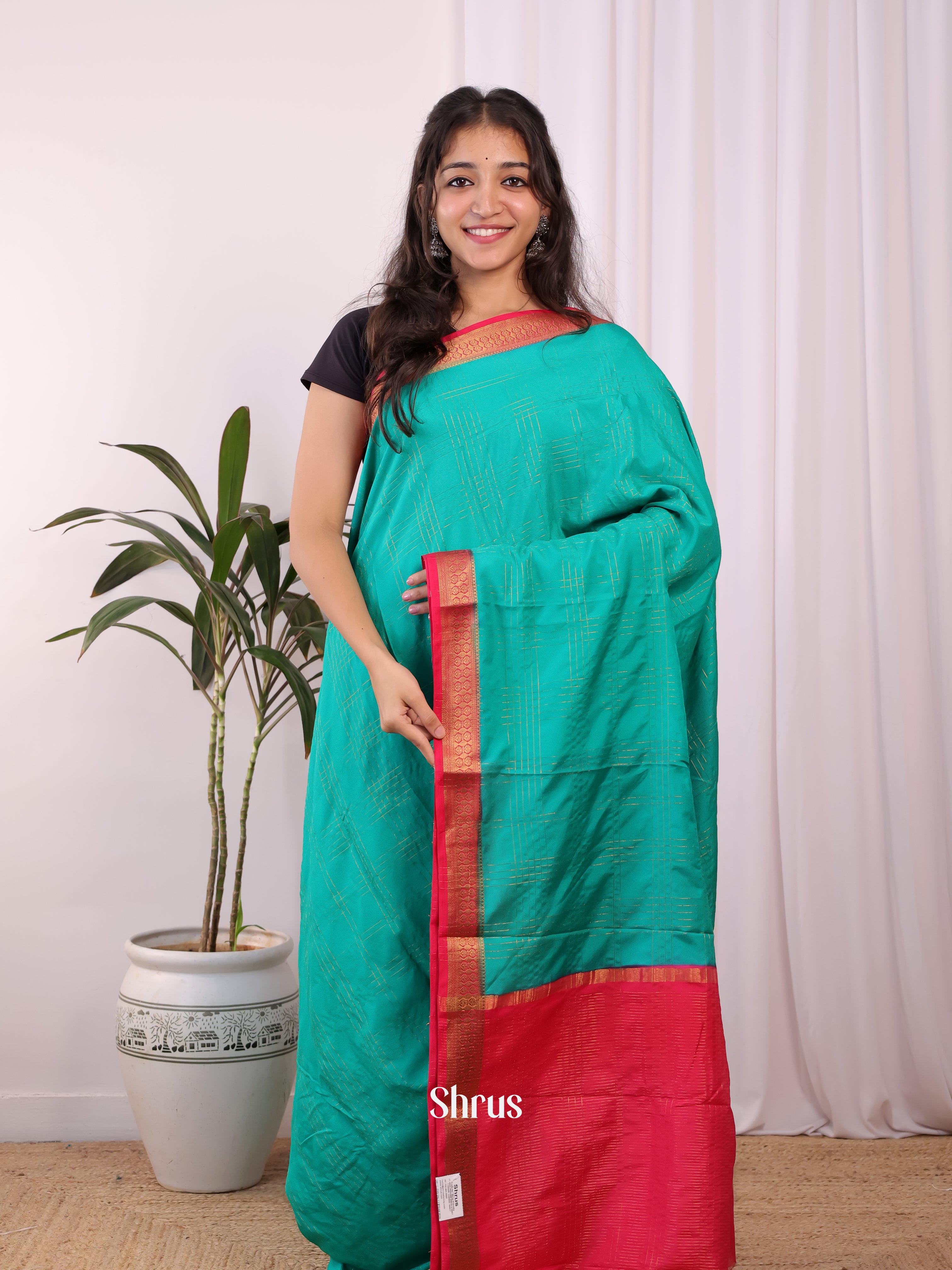 Green & Red - Semi Mysoresilk Saree