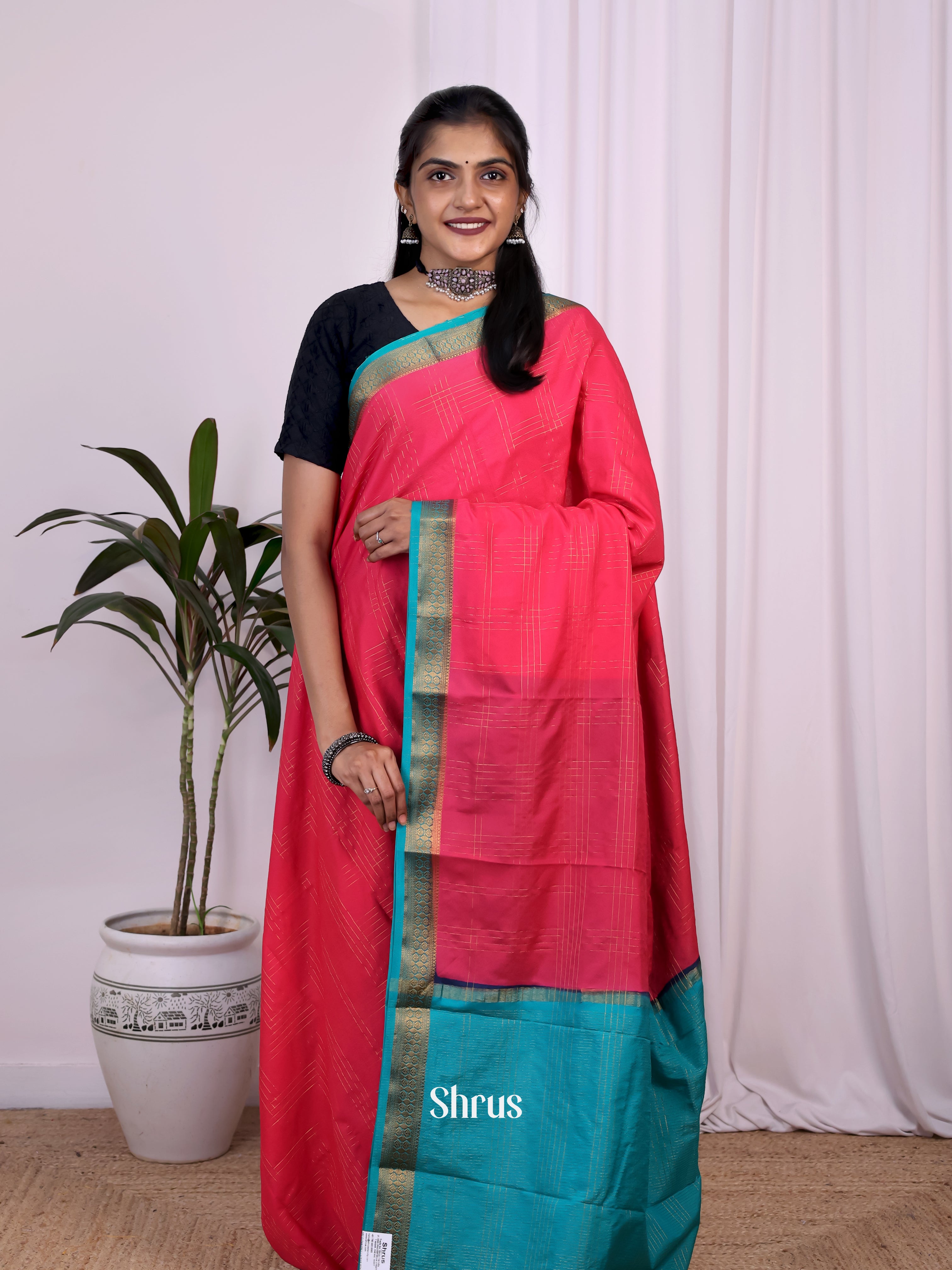 Pink & Teal - Semi Mysoresilk Saree