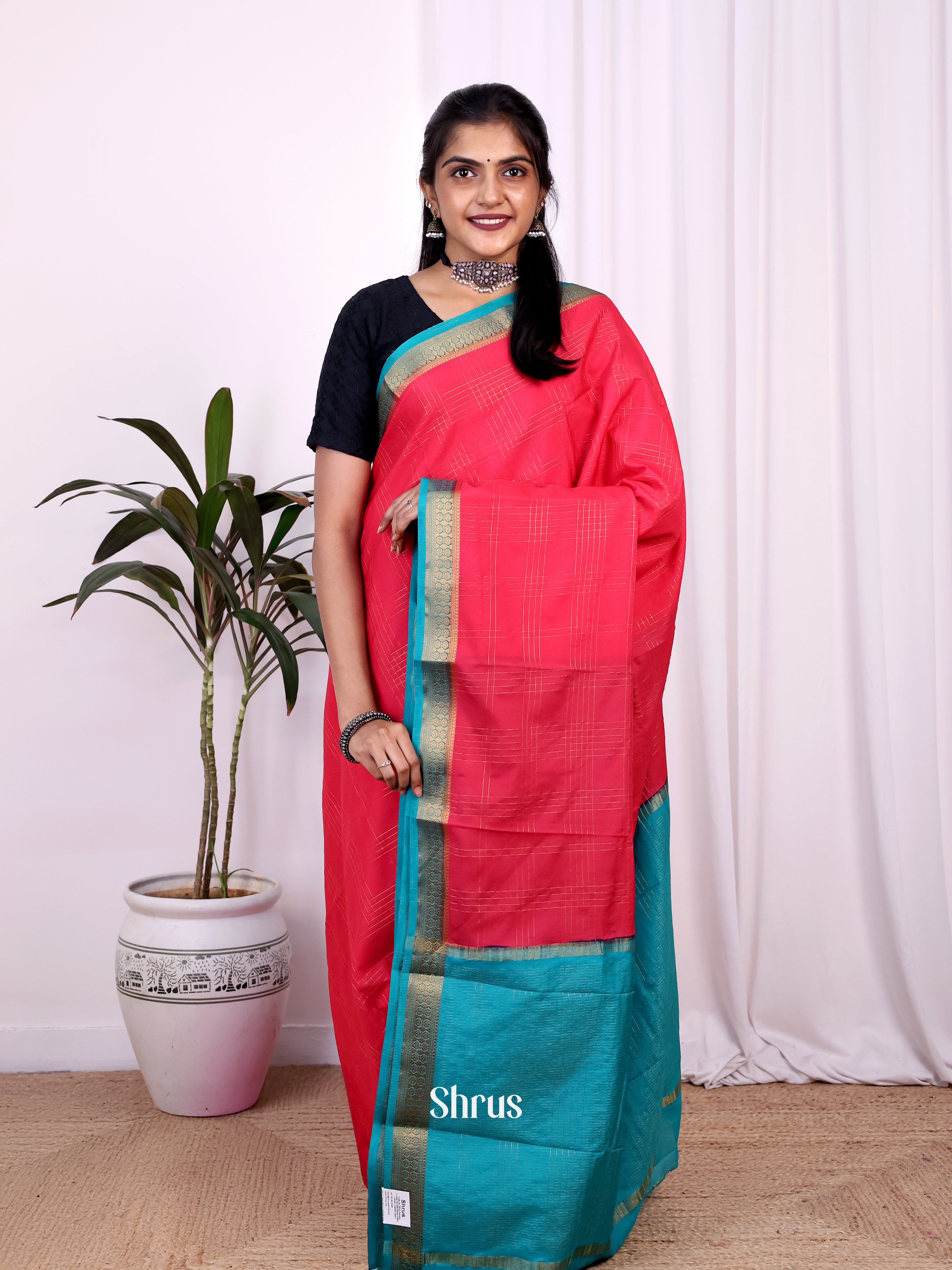 Pink & Teal - Semi Mysoresilk Saree