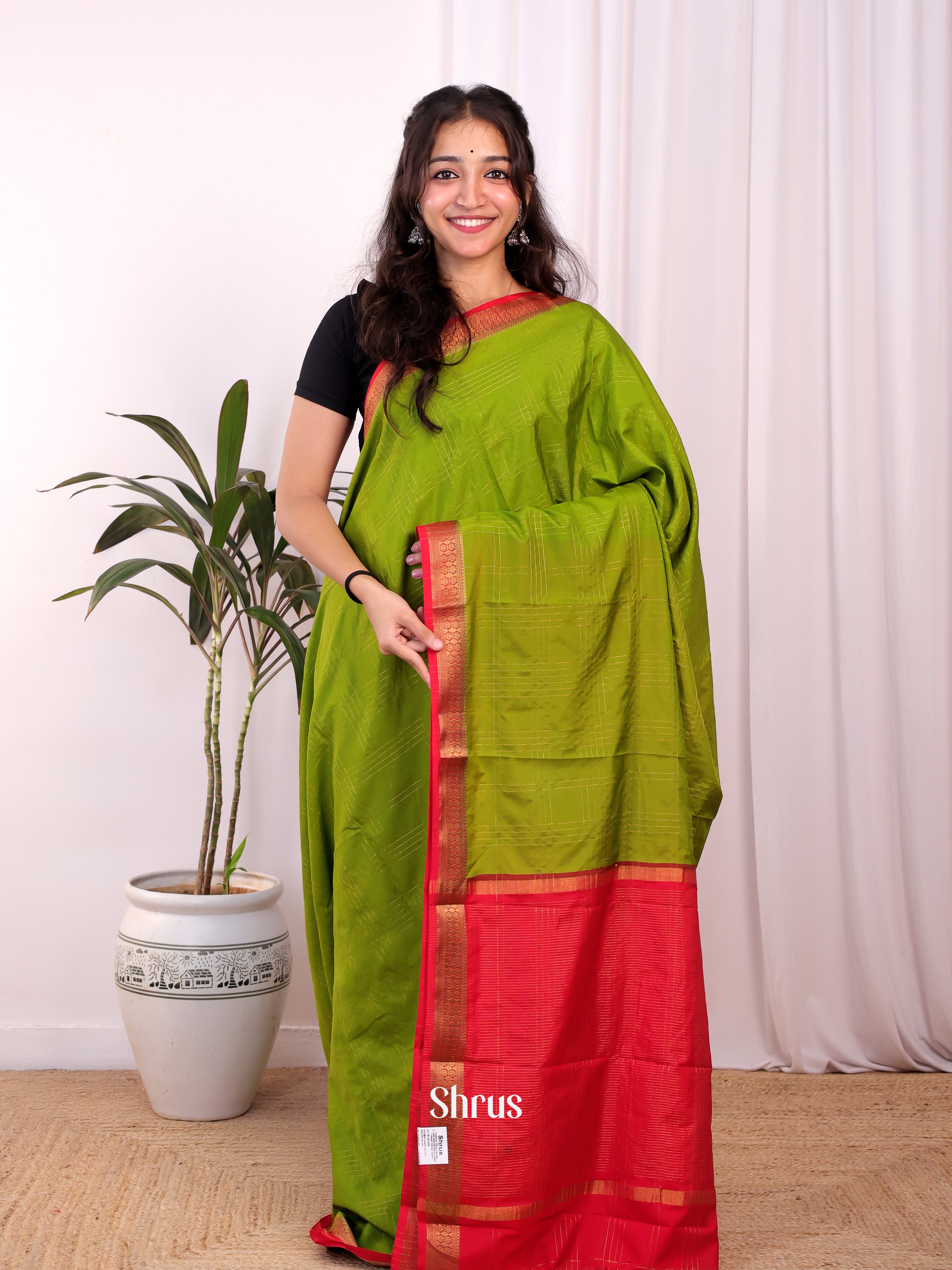 Green & Red - Semi Mysoresilk Saree